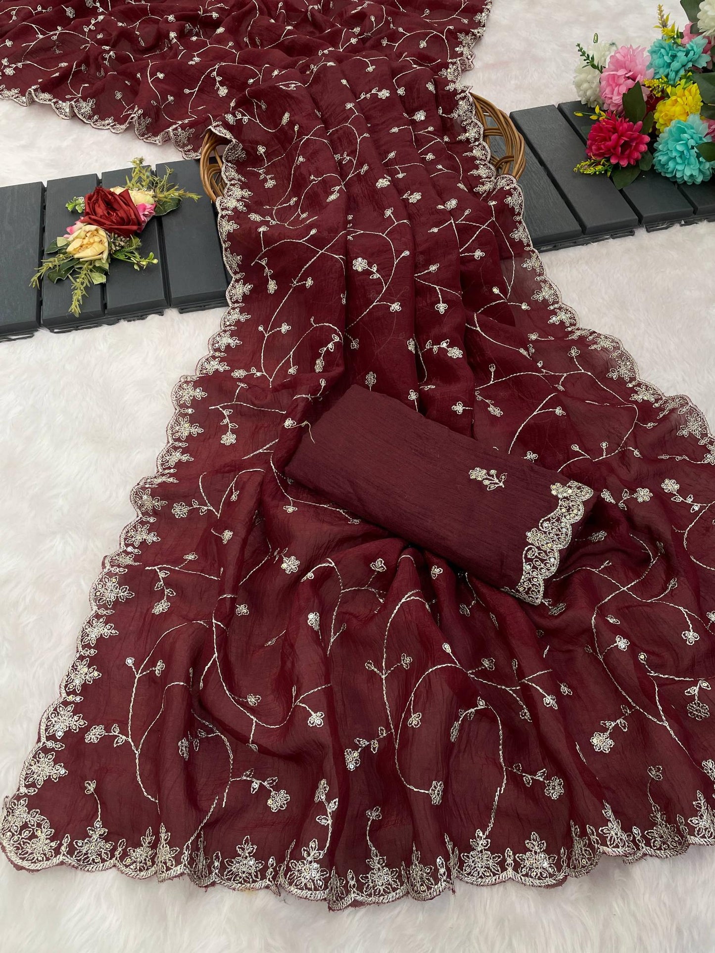 Maroon fabric with silver embroidery on a white background | Amrah Wholesale 6330 Modal Jimmy Choo Embroidered Saree Collection