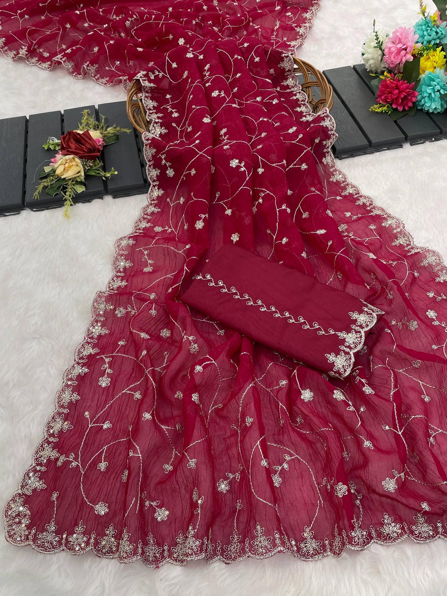 Red embroidered fabric with floral patterns on a white background | Amrah Wholesale 6330 Modal Jimmy Choo Embroidered Saree Collection