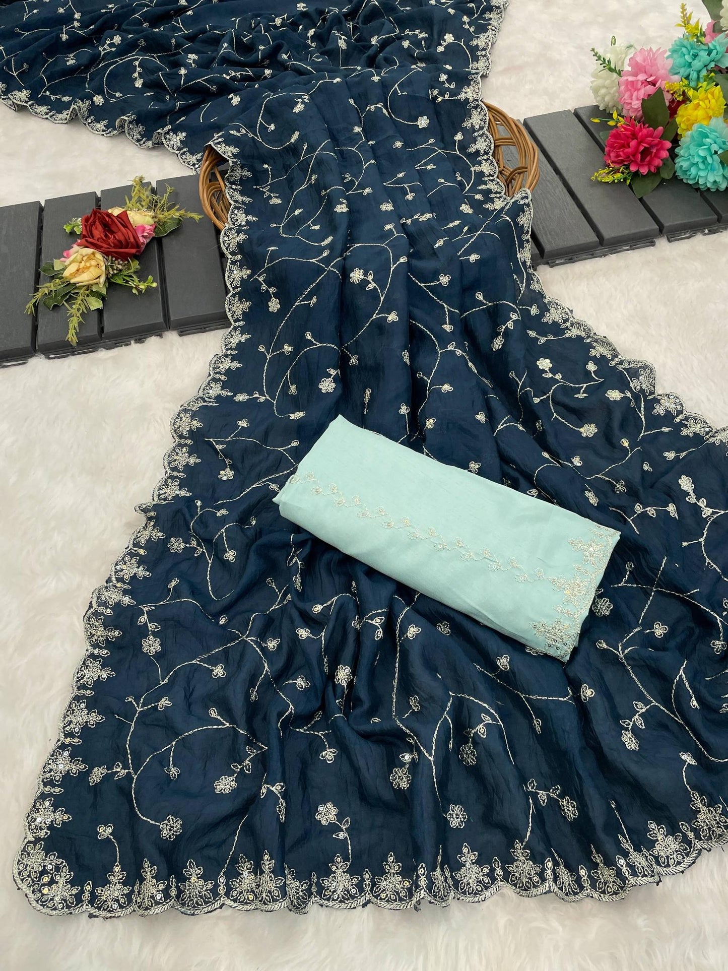 Navy blue embroidered fabric with a light blue pocket on a white background | Amrah Wholesale 6330 Modal Jimmy Choo Embroidered Saree Collection