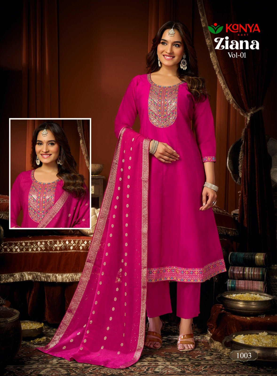 Amrah Kanya Zianna Vol 1 Vertican Embroidered Kurti Pant Dupatta Set - Amrah Wholesale
