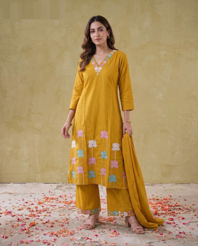 Amrah Wholesale Naisha K 1135 Mul Cotton Embroidered Kurti Pant Dupatta Set