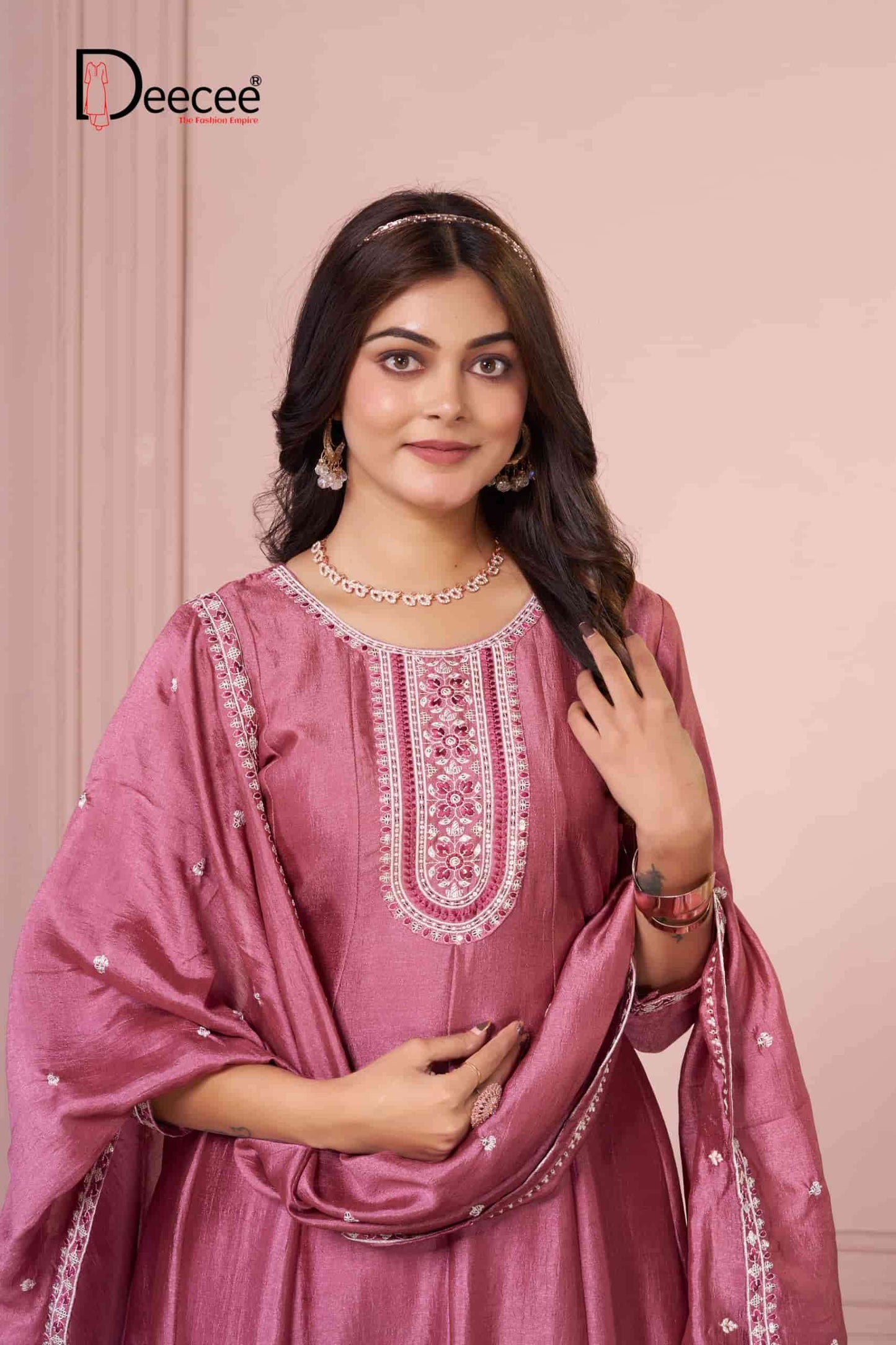 Dee Cee Bawree Ready-Made Vichitra Silk Embroidered Anarkali Kurta Pant Dupatta Set