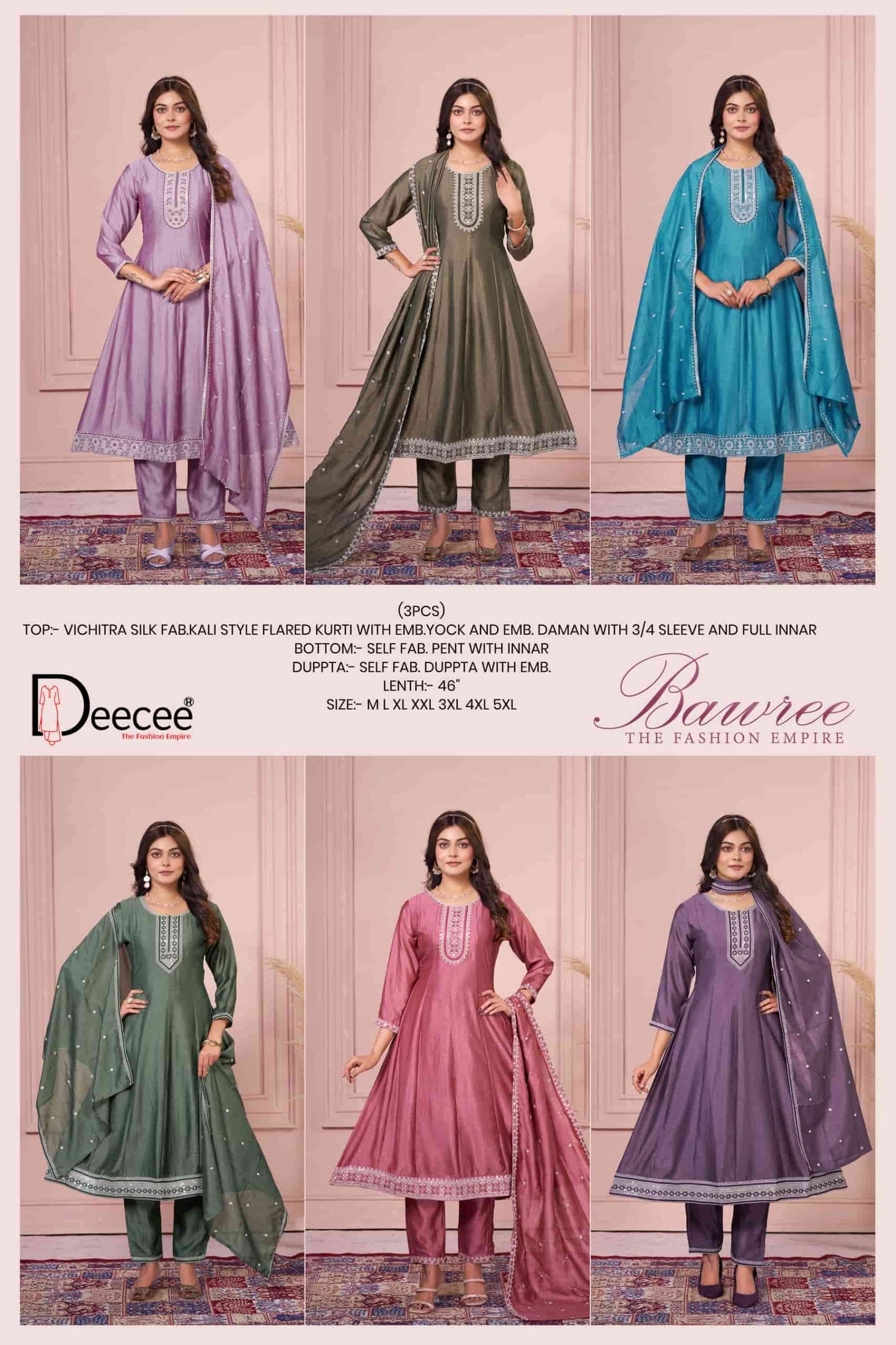 Dee Cee Bawree Ready-Made Vichitra Silk Embroidered Anarkali Kurta Pant Dupatta Set