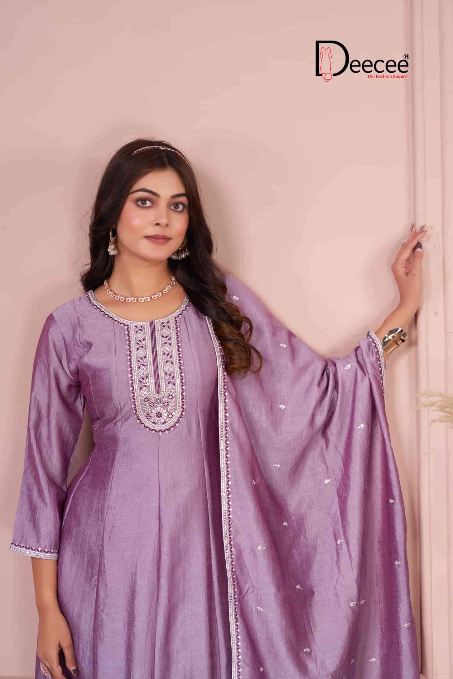 Dee Cee Bawree Ready-Made Vichitra Silk Embroidered Anarkali Kurta Pant Dupatta Set