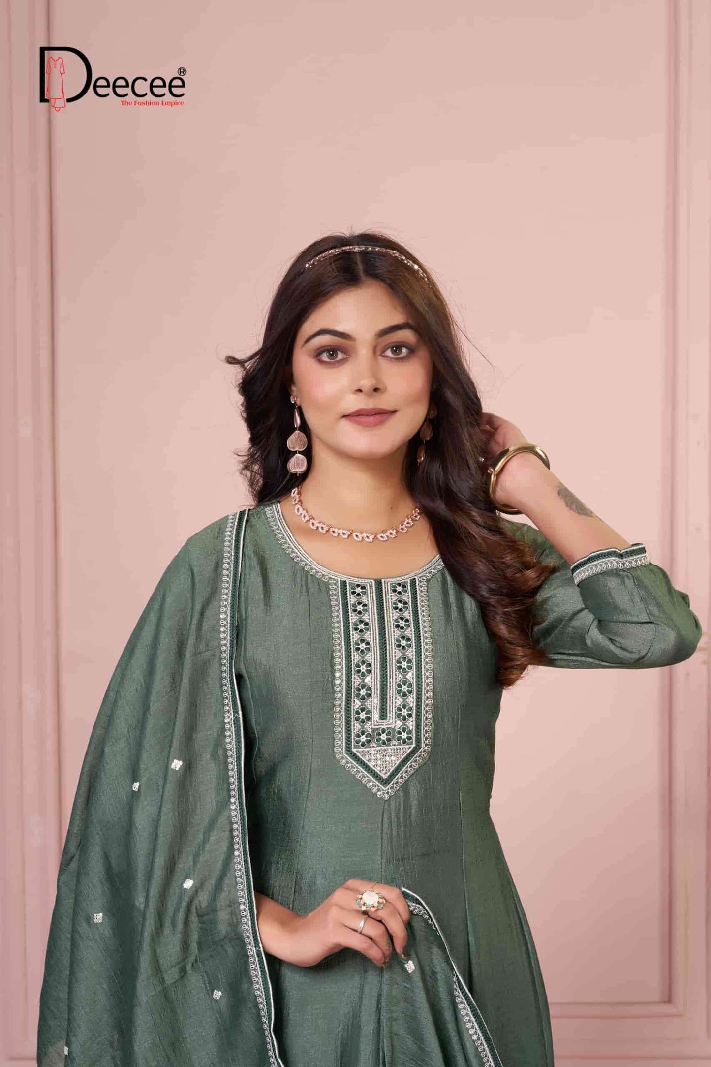 Dee Cee Bawree Ready-Made Vichitra Silk Embroidered Anarkali Kurta Pant Dupatta Set