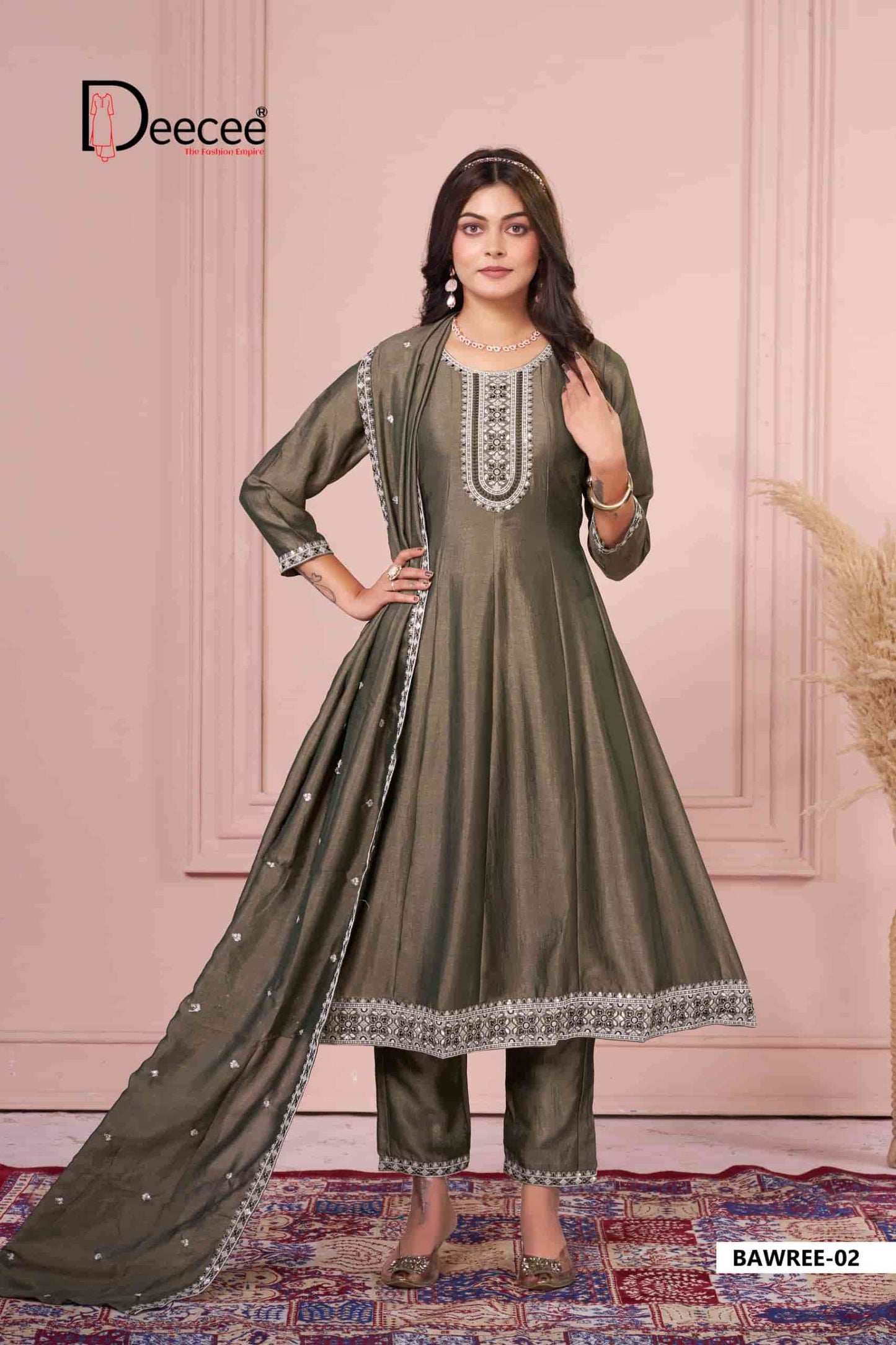 Dee Cee Bawree Ready-Made Vichitra Silk Embroidered Anarkali Kurta Pant Dupatta Set