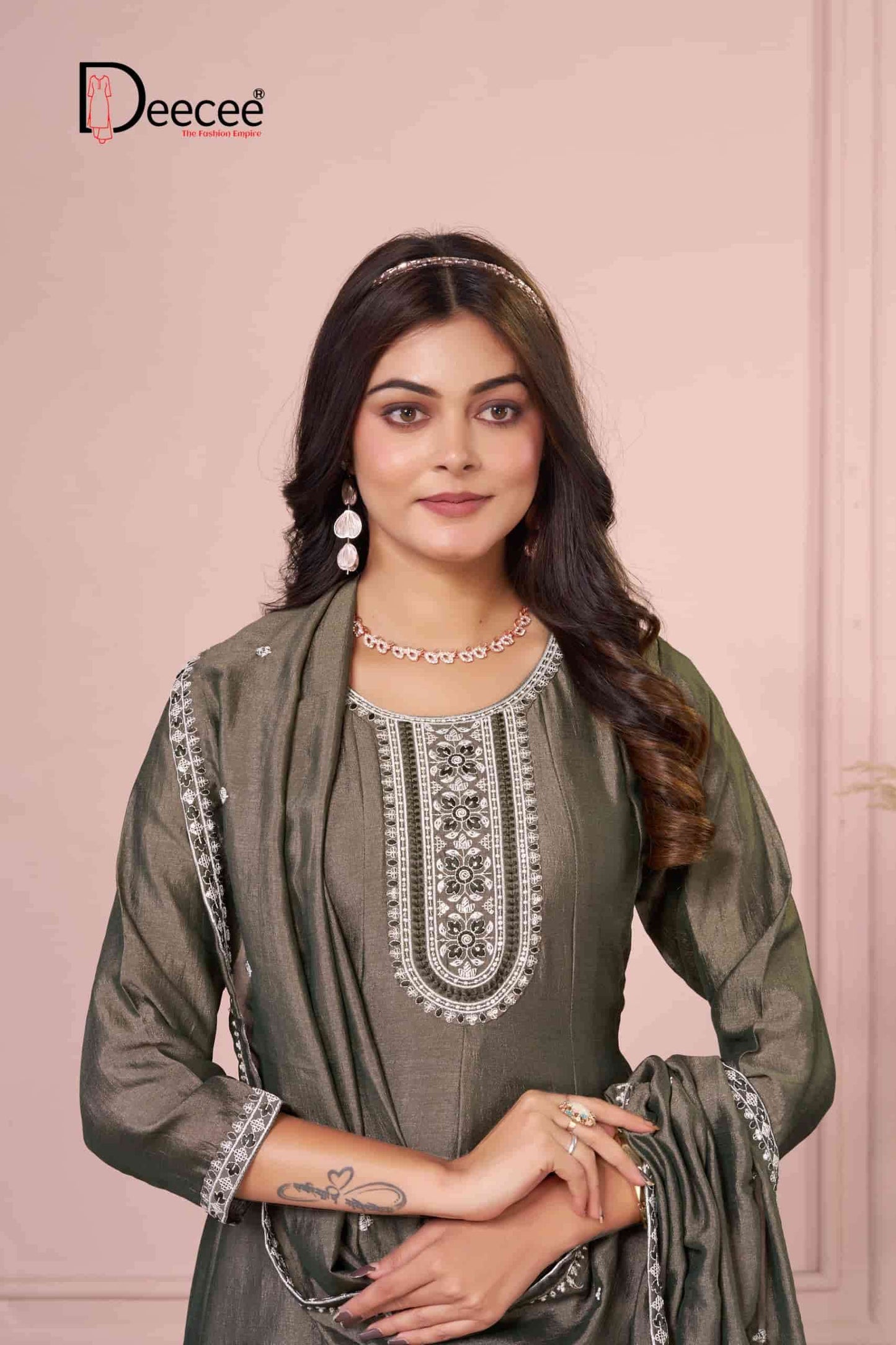 Dee Cee Bawree Ready-Made Vichitra Silk Embroidered Anarkali Kurta Pant Dupatta Set