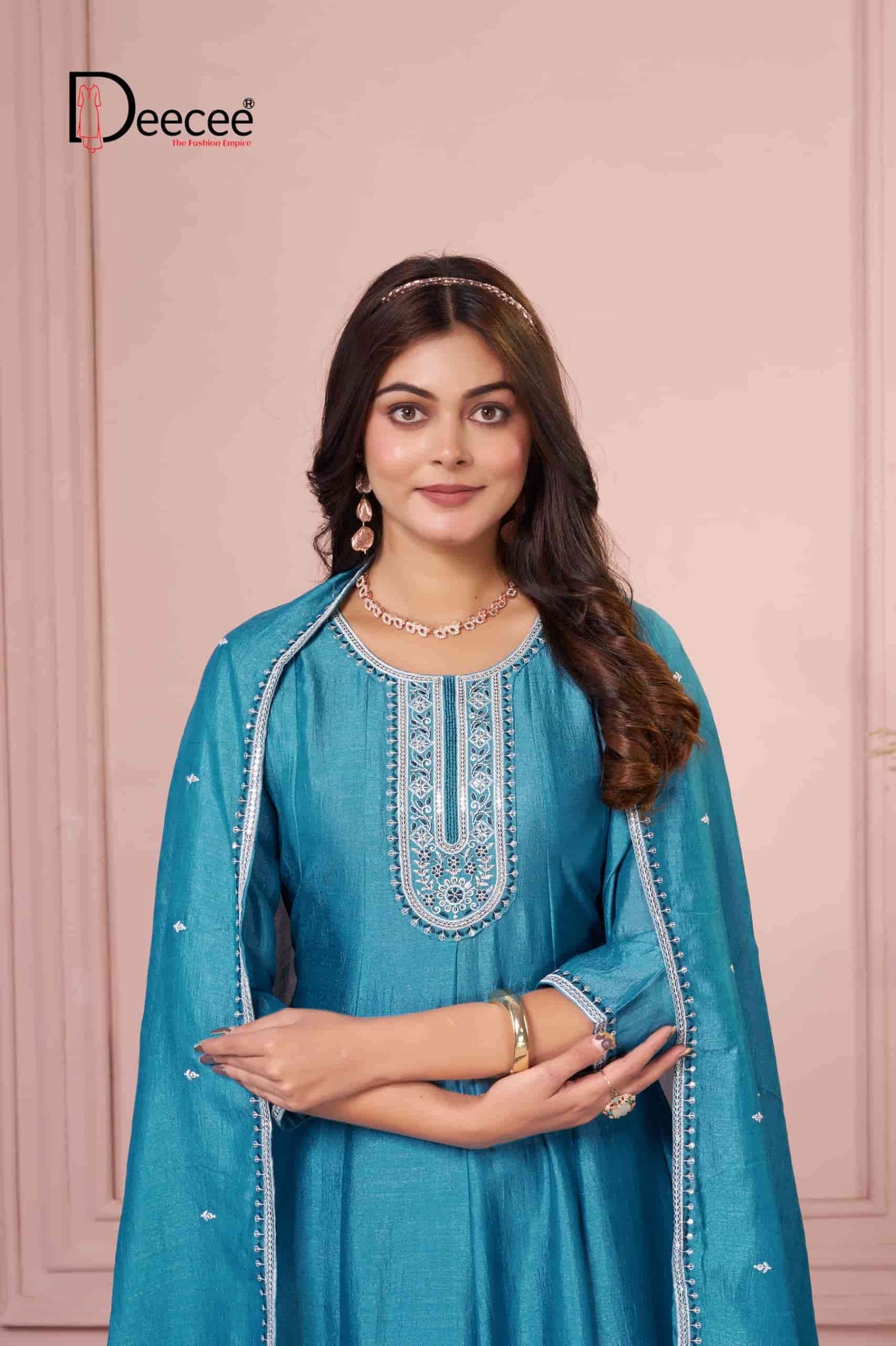 Dee Cee Bawree Ready-Made Vichitra Silk Embroidered Anarkali Kurta Pant Dupatta Set