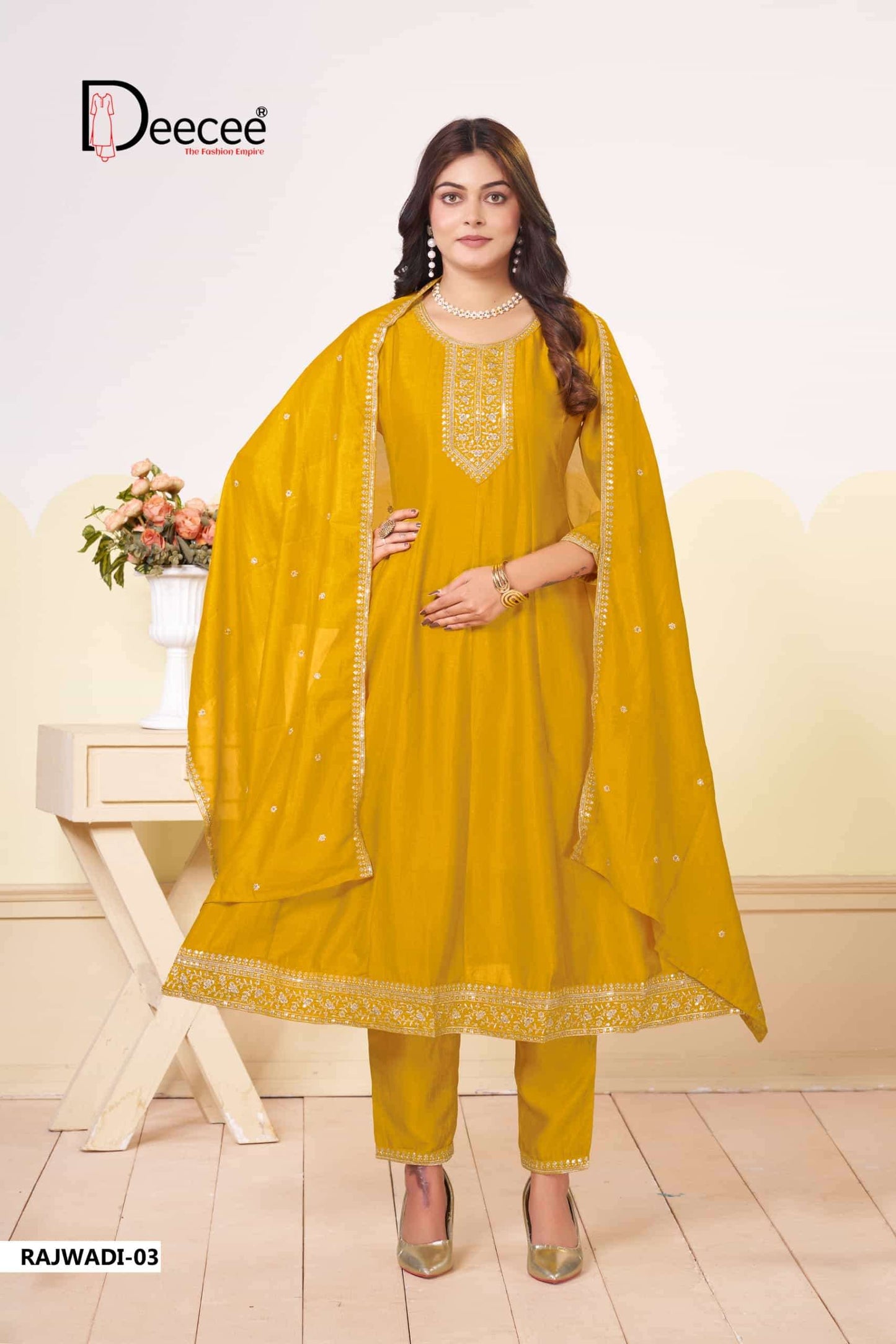 Dee Cee Rajwadi Vichitra Silk Embroidered Anarkali Kurti Pant Dupatta Set