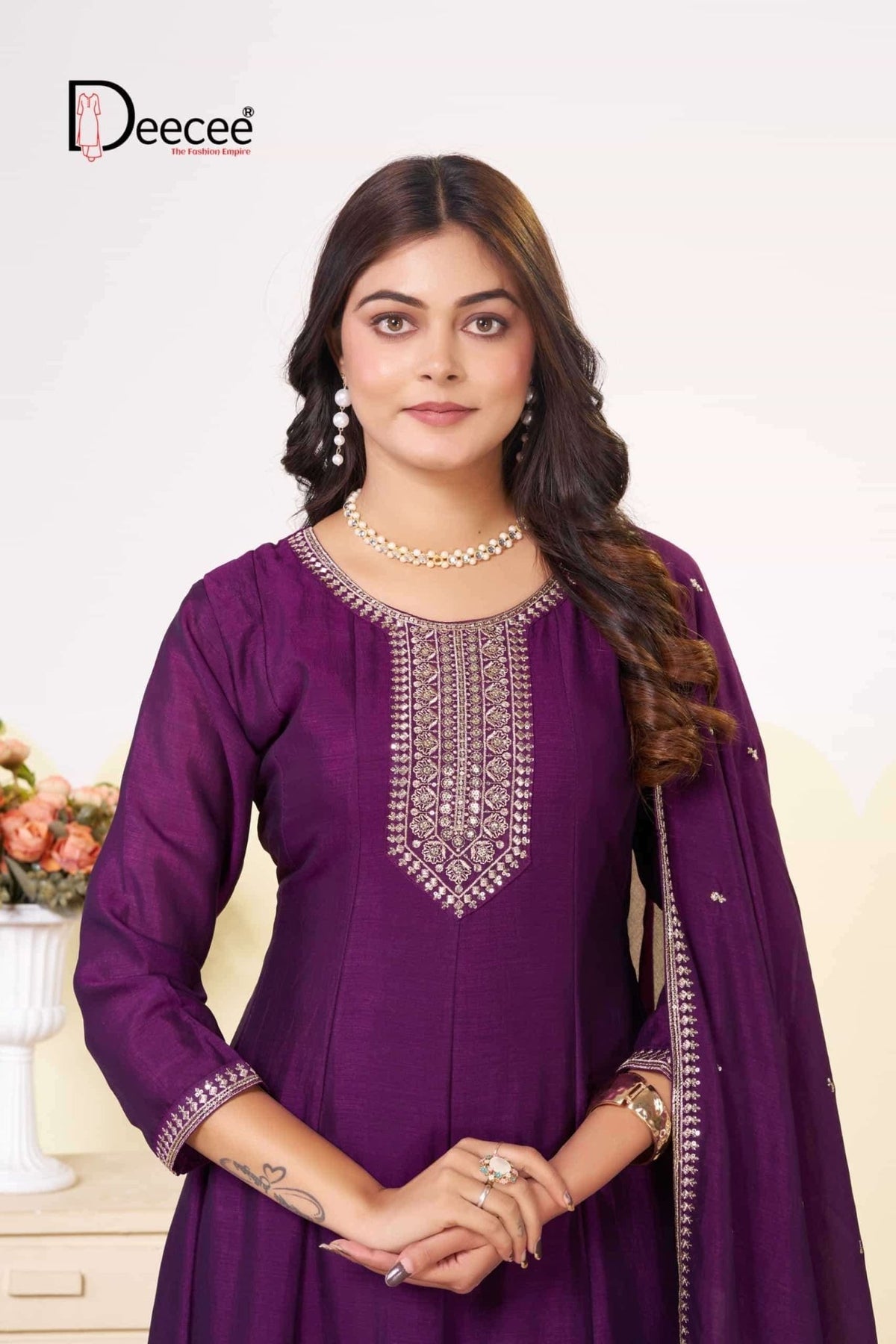 Dee Cee Rajwadi Vichitra Silk Embroidered Anarkali Kurti Pant Dupatta Set - Amrah Wholesale
