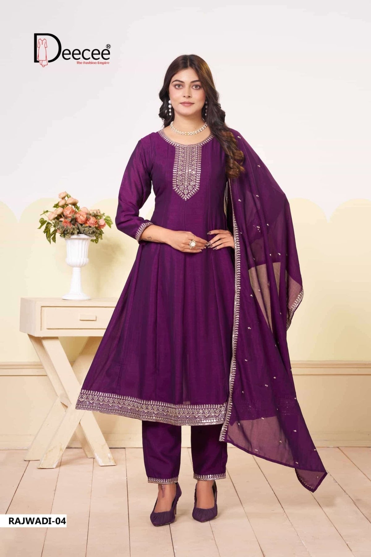 Dee Cee Rajwadi Vichitra Silk Embroidered Anarkali Kurti Pant Dupatta Set - Amrah Wholesale