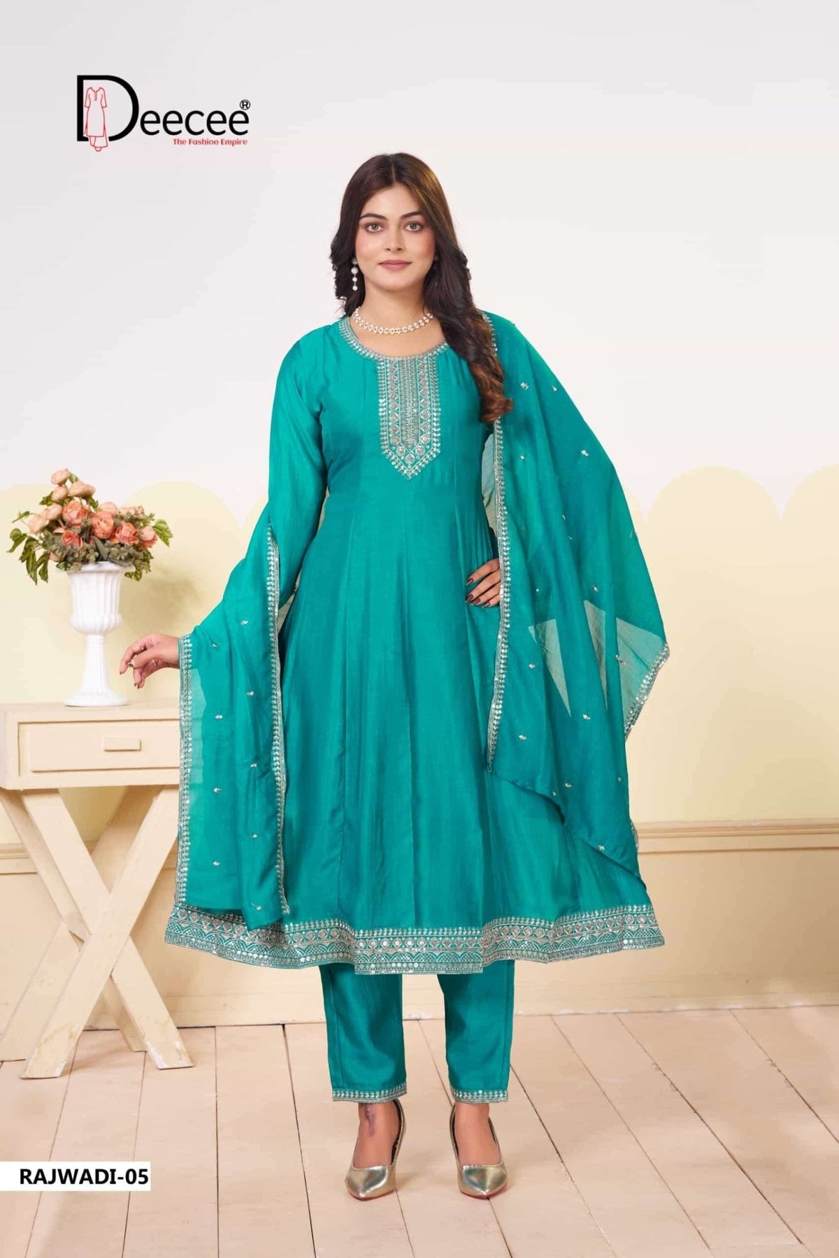 Dee Cee Rajwadi Vichitra Silk Embroidered Anarkali Kurti Pant Dupatta Set - Amrah Wholesale