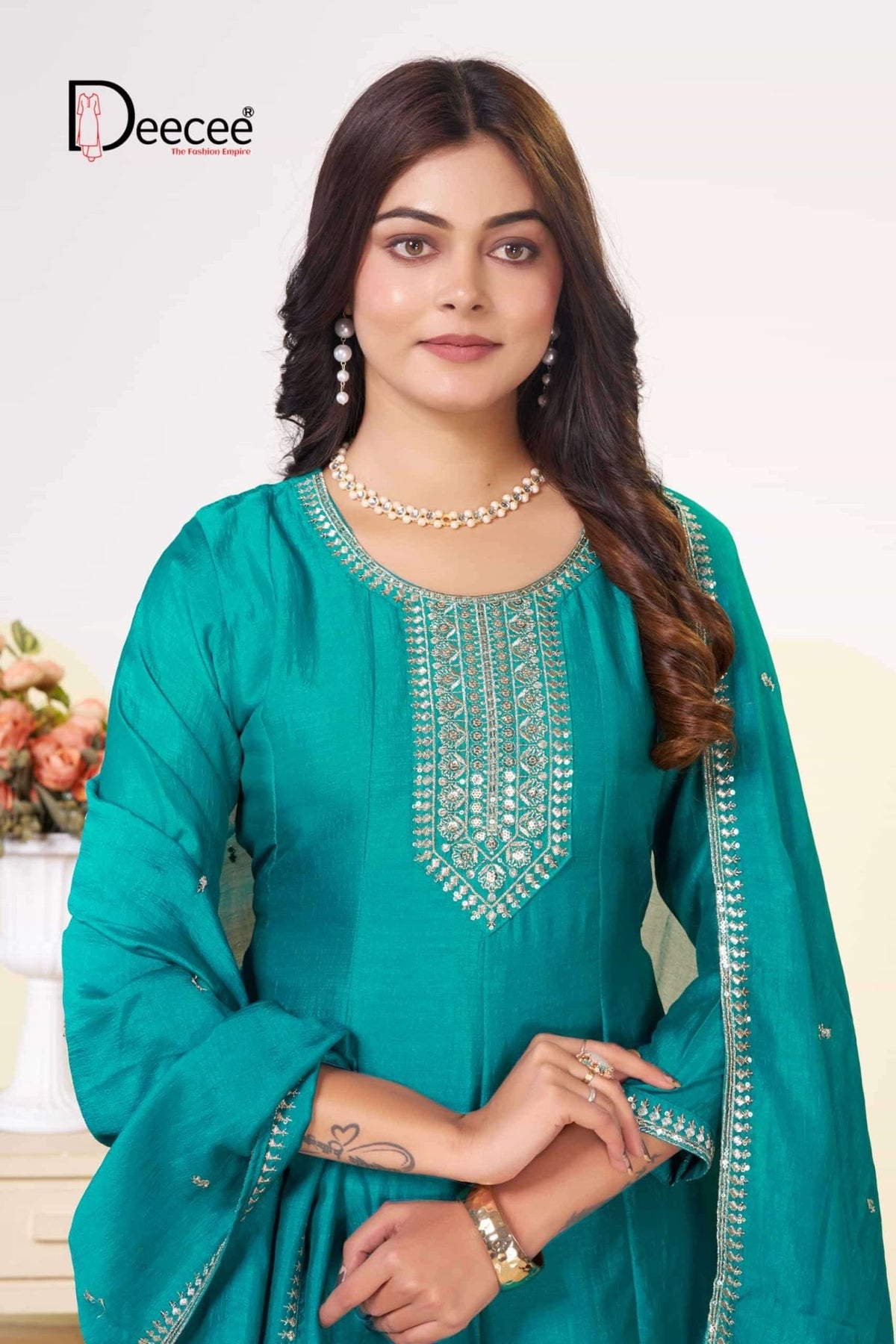 Dee Cee Rajwadi Vichitra Silk Embroidered Anarkali Kurti Pant Dupatta Set - Amrah Wholesale