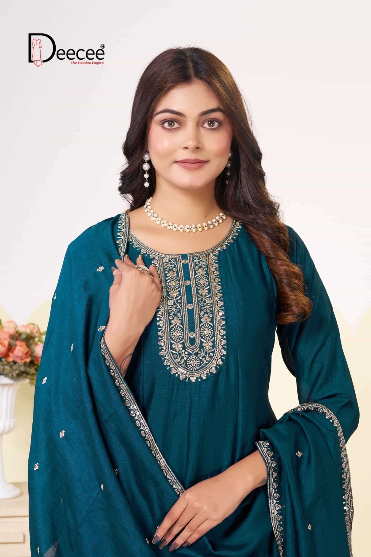 Dee Cee Rajwadi Vichitra Silk Embroidered Anarkali Kurti Pant Dupatta Set - Amrah Wholesale