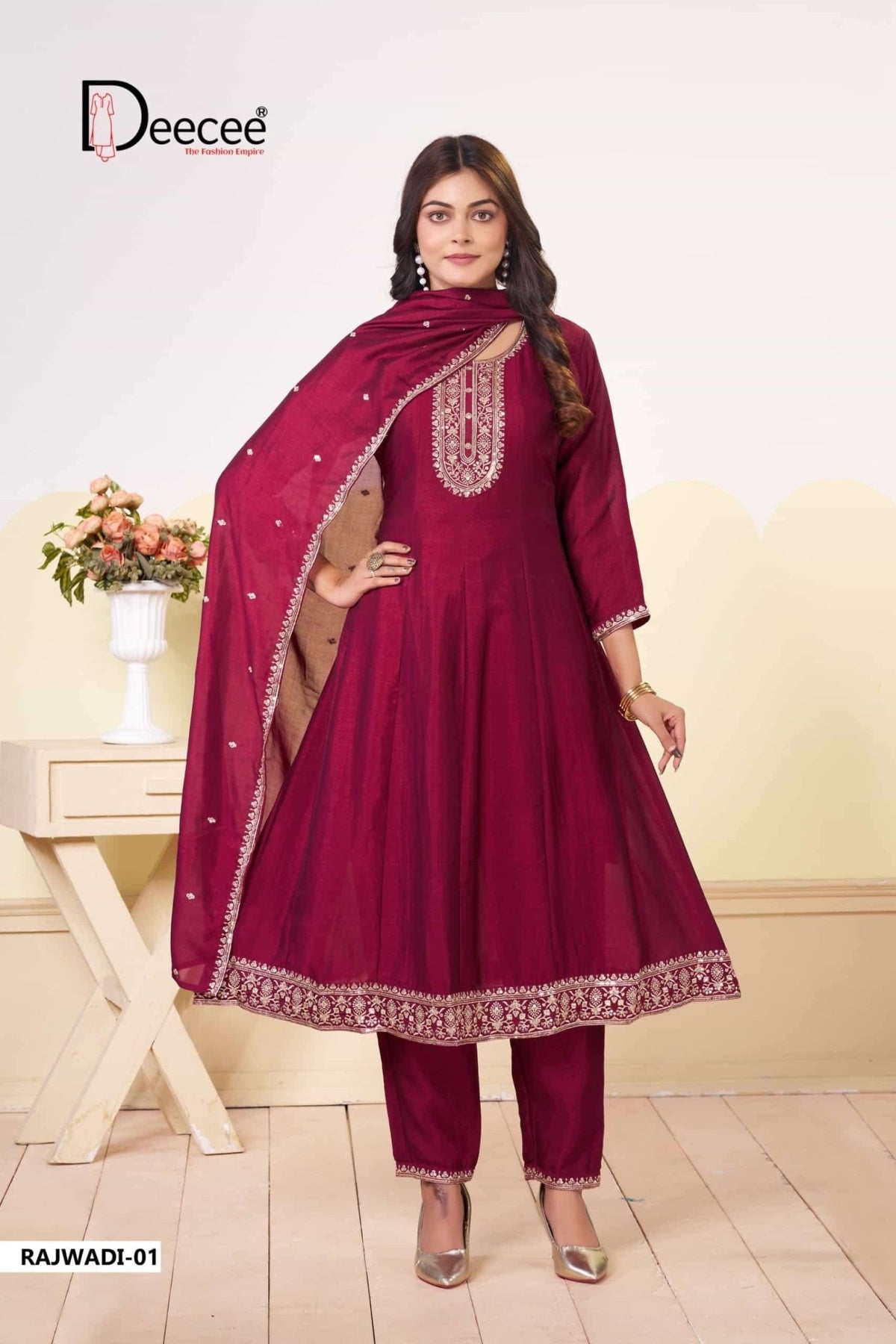 Dee Cee Rajwadi Vichitra Silk Embroidered Anarkali Kurti Pant Dupatta Set - Amrah Wholesale