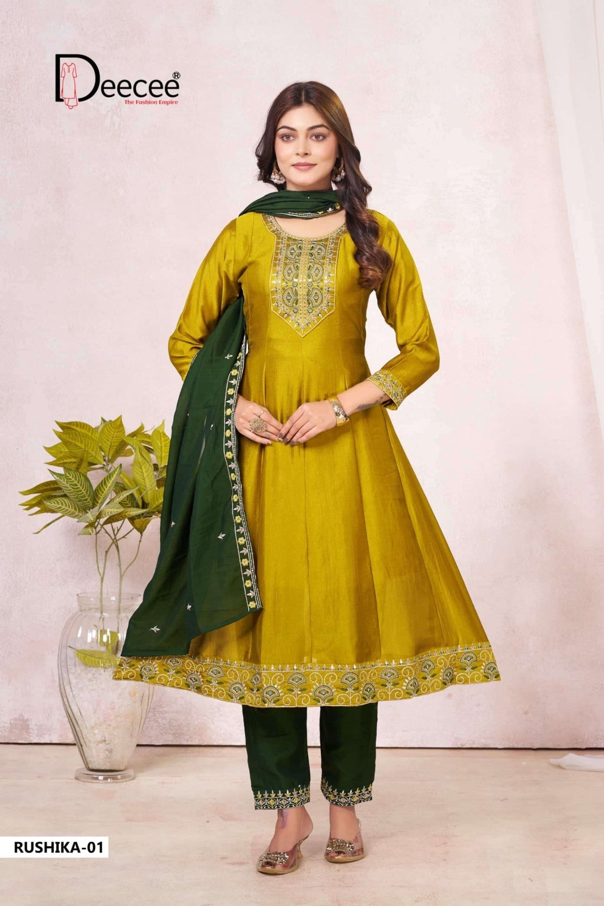 Dee Cee Rushika Vichitra Silk Anarkali Kurti Pant Dupatta Set - Amrah Wholesale