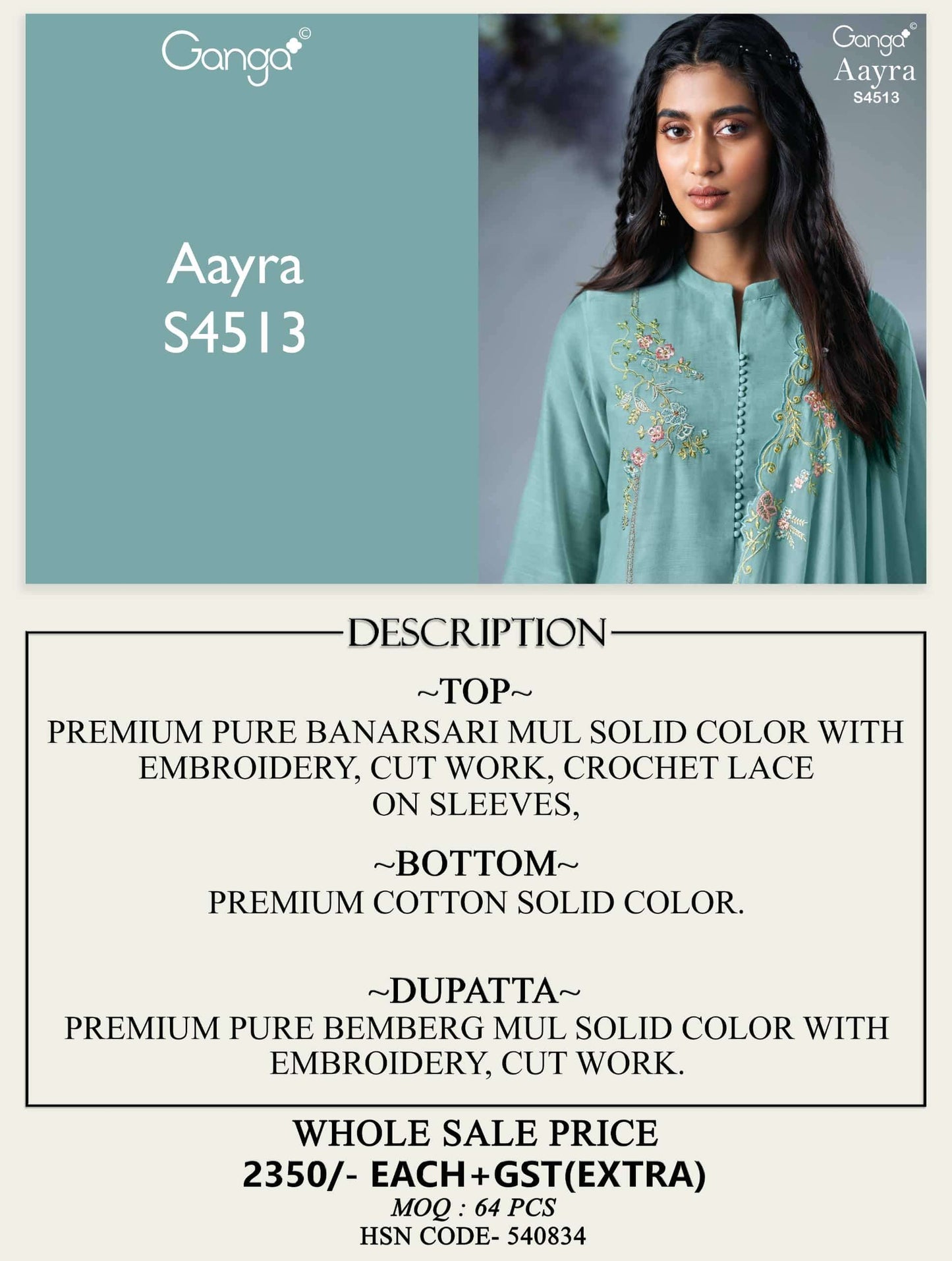 Ganga Fashion Aayra 4513 Banarasi Mul Dress Material Wholesale