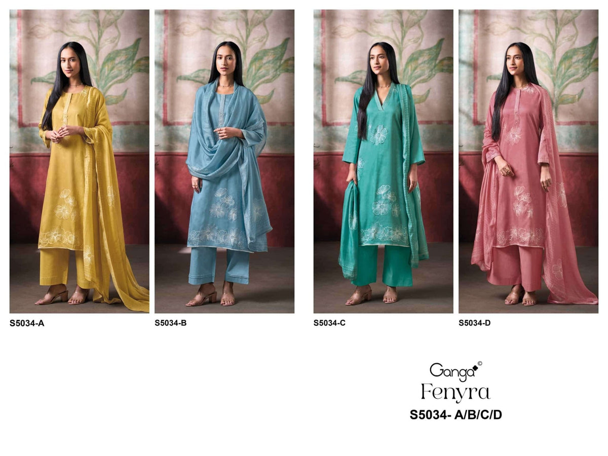 Ganga Fashion Fenyra 5034 Premium Cotton Satin Embroidered Dress Material - Amrah Wholesale