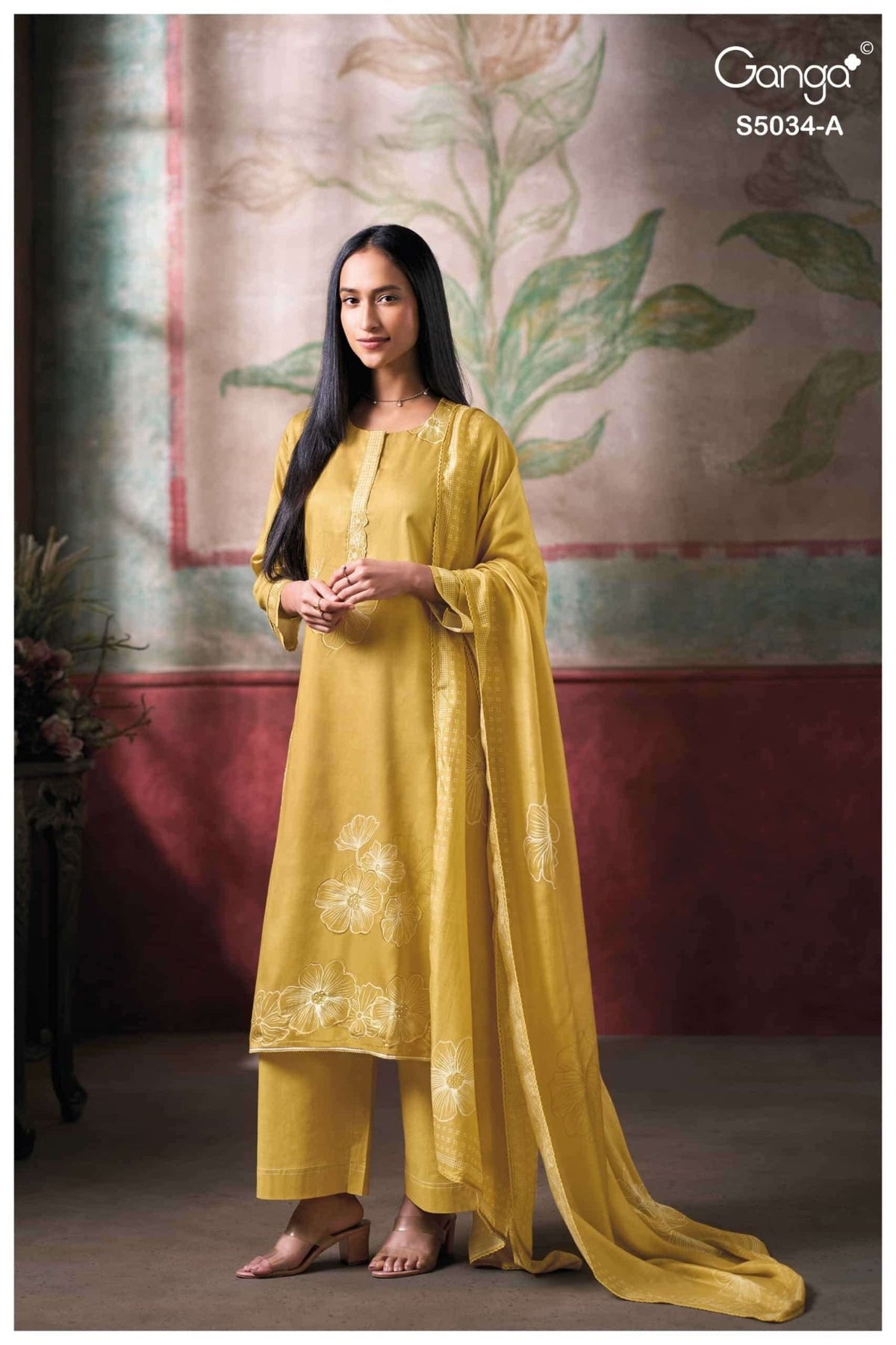 Ganga Fashion Fenyra 5034 Premium Cotton Satin Embroidered Dress Material - Amrah Wholesale
