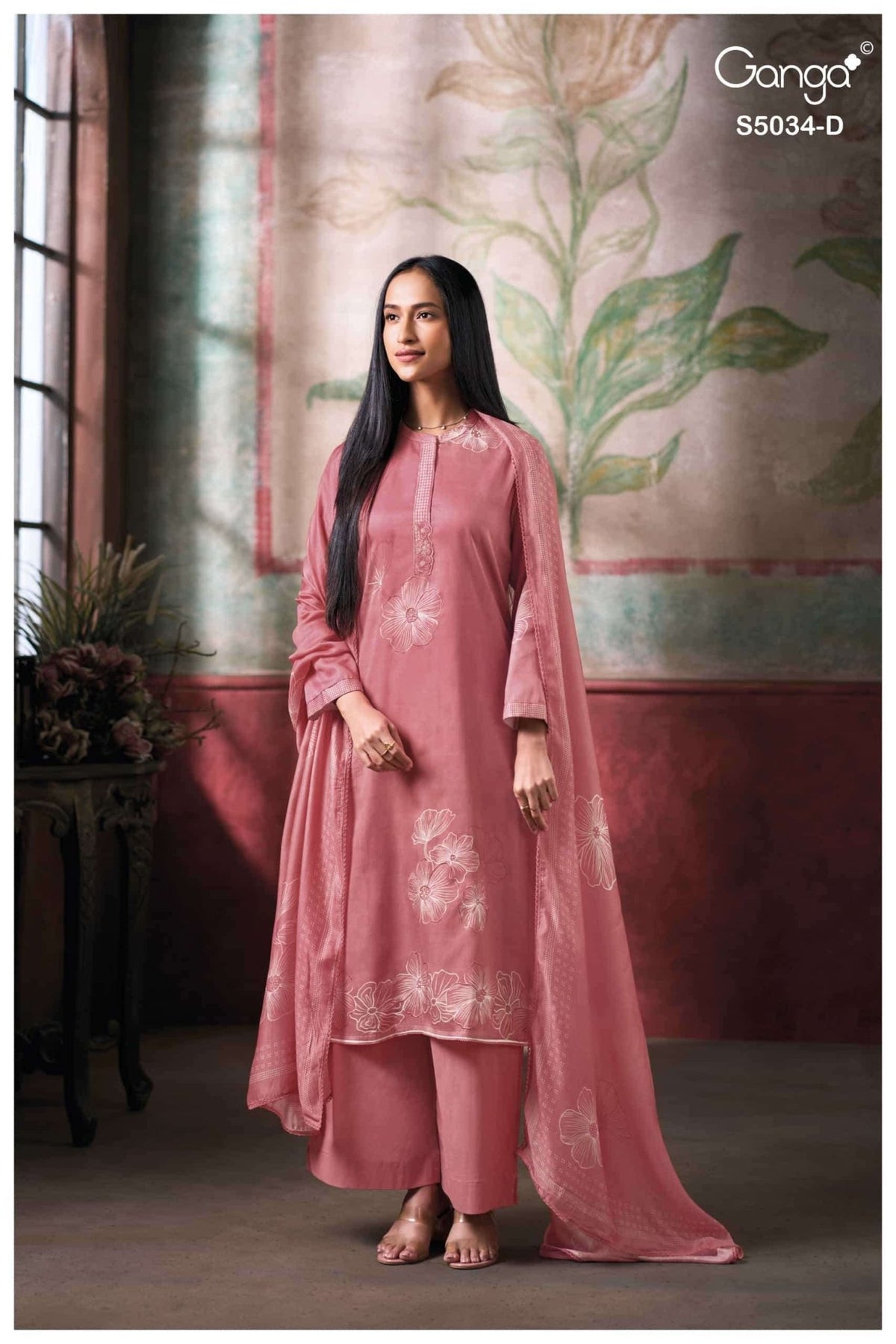 Ganga Fashion Fenyra 5034 Premium Cotton Satin Embroidered Dress Material - Amrah Wholesale