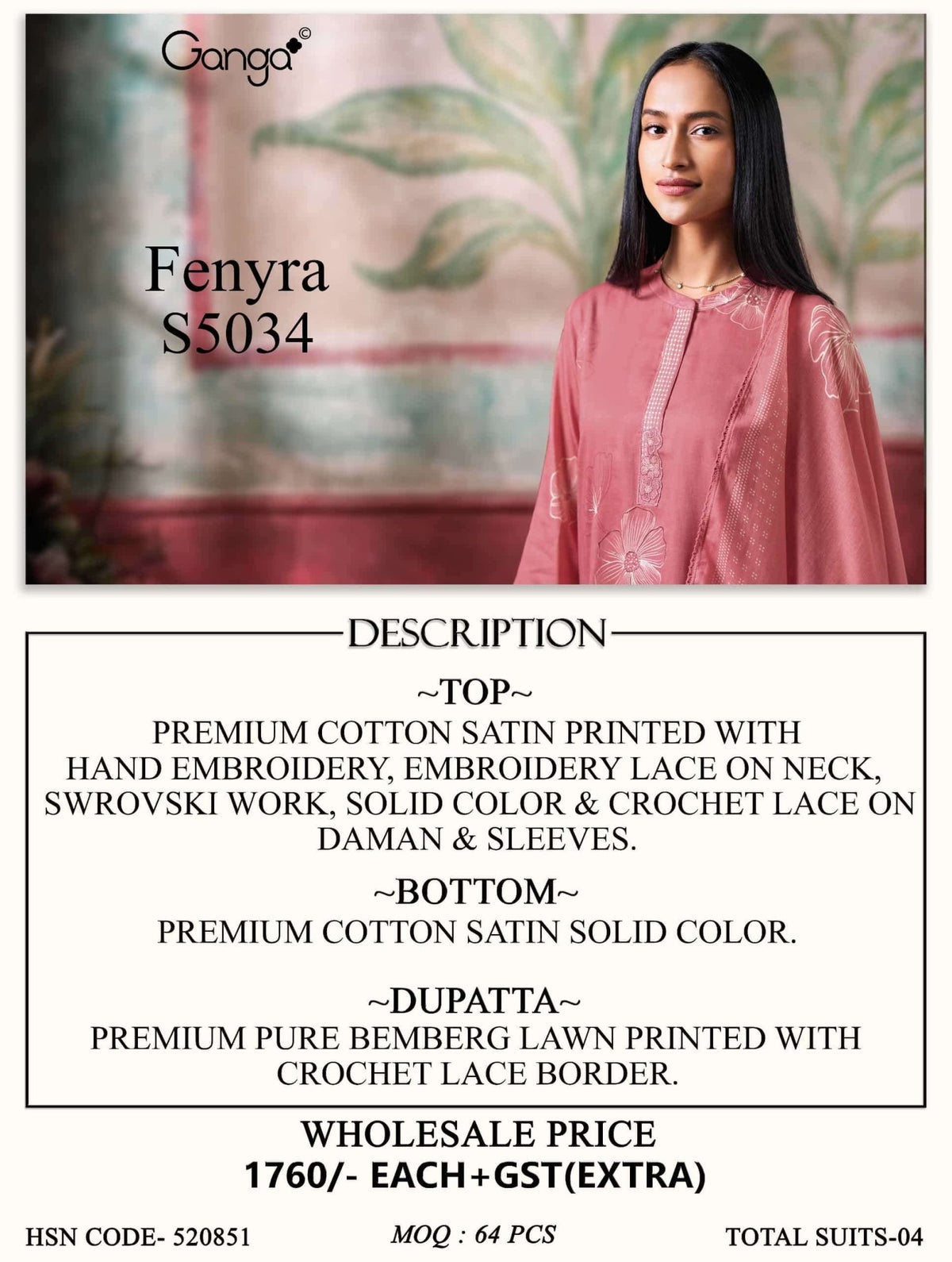 Ganga Fashion Fenyra 5034 Premium Cotton Satin Embroidered Dress Material - Amrah Wholesale