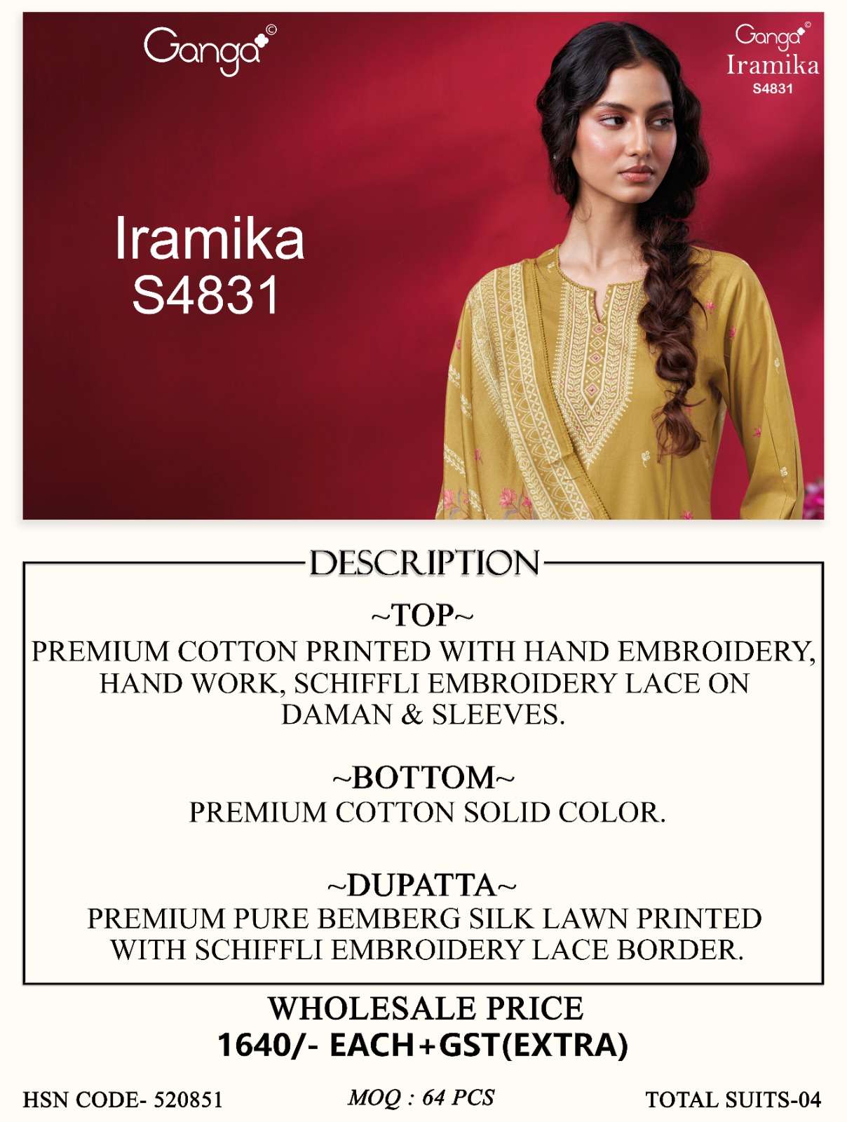 Ganga Fashion Iramika 4831 Premium Cotton Embroidered Dress Material - Amrah Wholesale