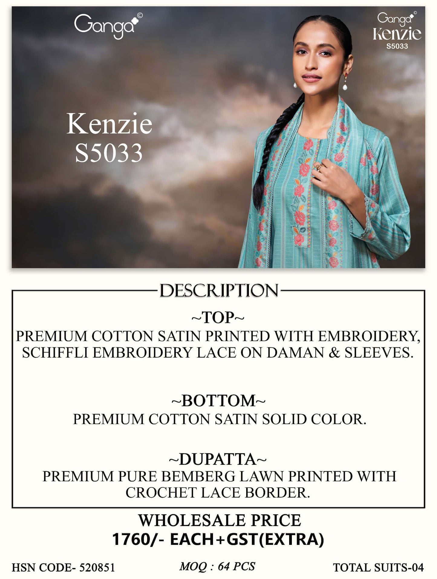 Ganga Fashion Kenzie 5033 Premium Cotton Satin Dress Material