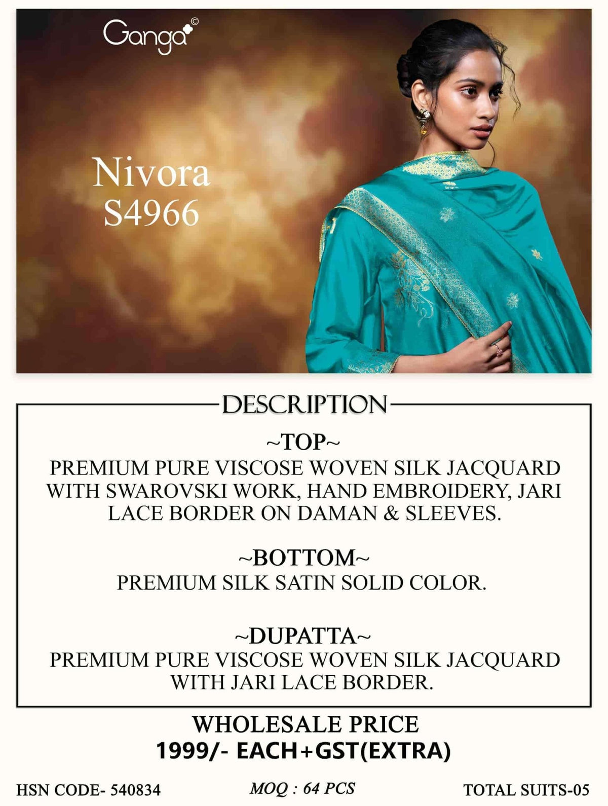 Ganga Fashion Nivora 4966 Premium Woven Silk Jacquard Designer Dress Material - Amrah Wholesale