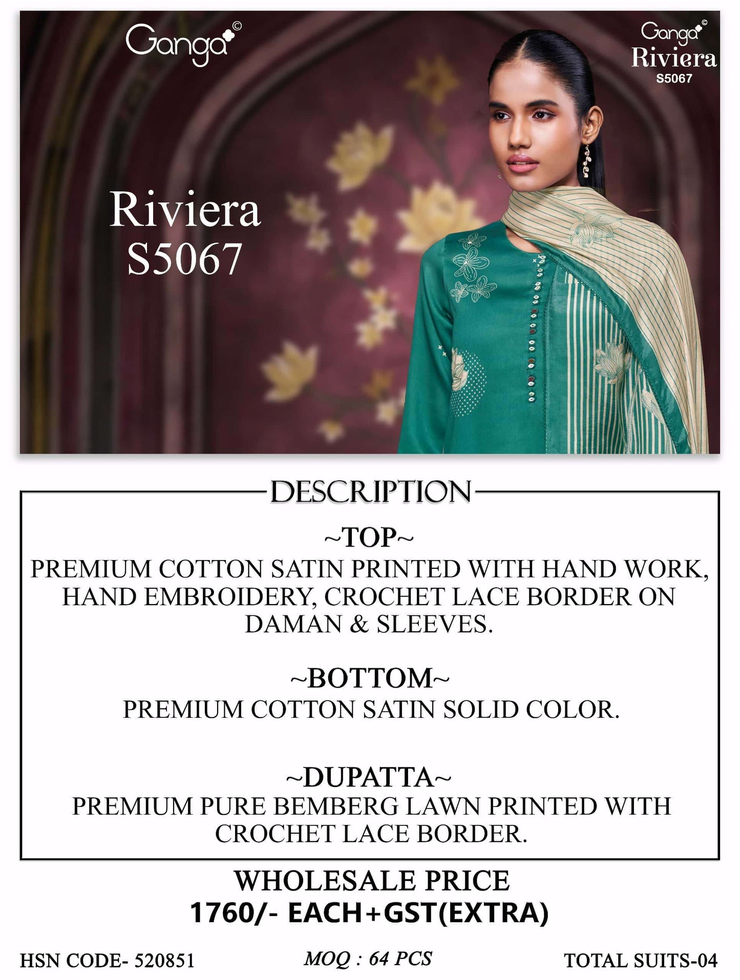 Ganga Fashion Riviera 5067 Premium Cotton Satin Embroidered Dress Material