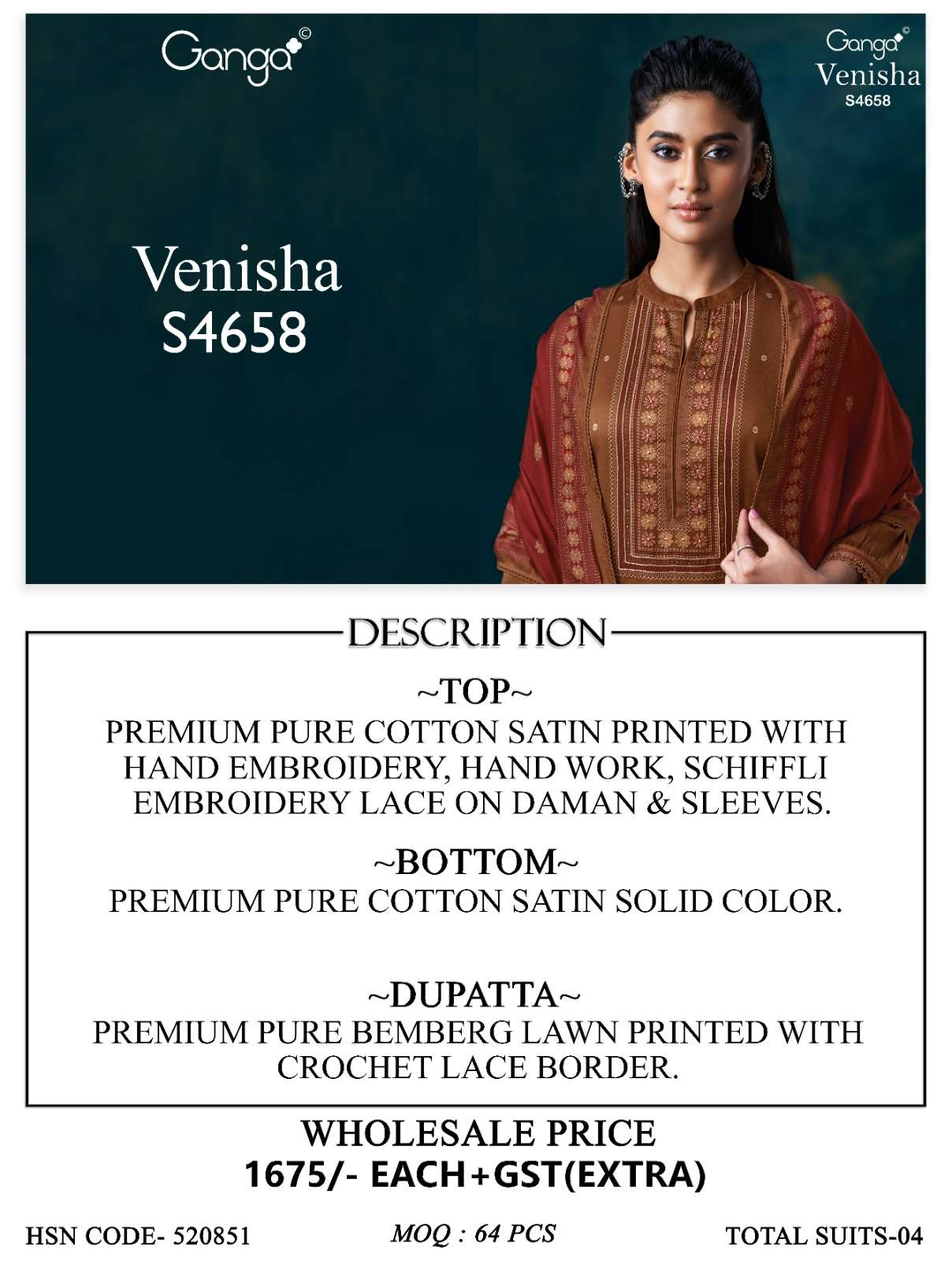 Ganga Fashion Venisha 4658 Pure Cotton Satin Dress Material