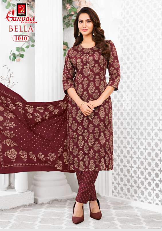 Ganpati Cotton Bella Vol 10 Pure Cotton Kurti Pant Dupatta Set
