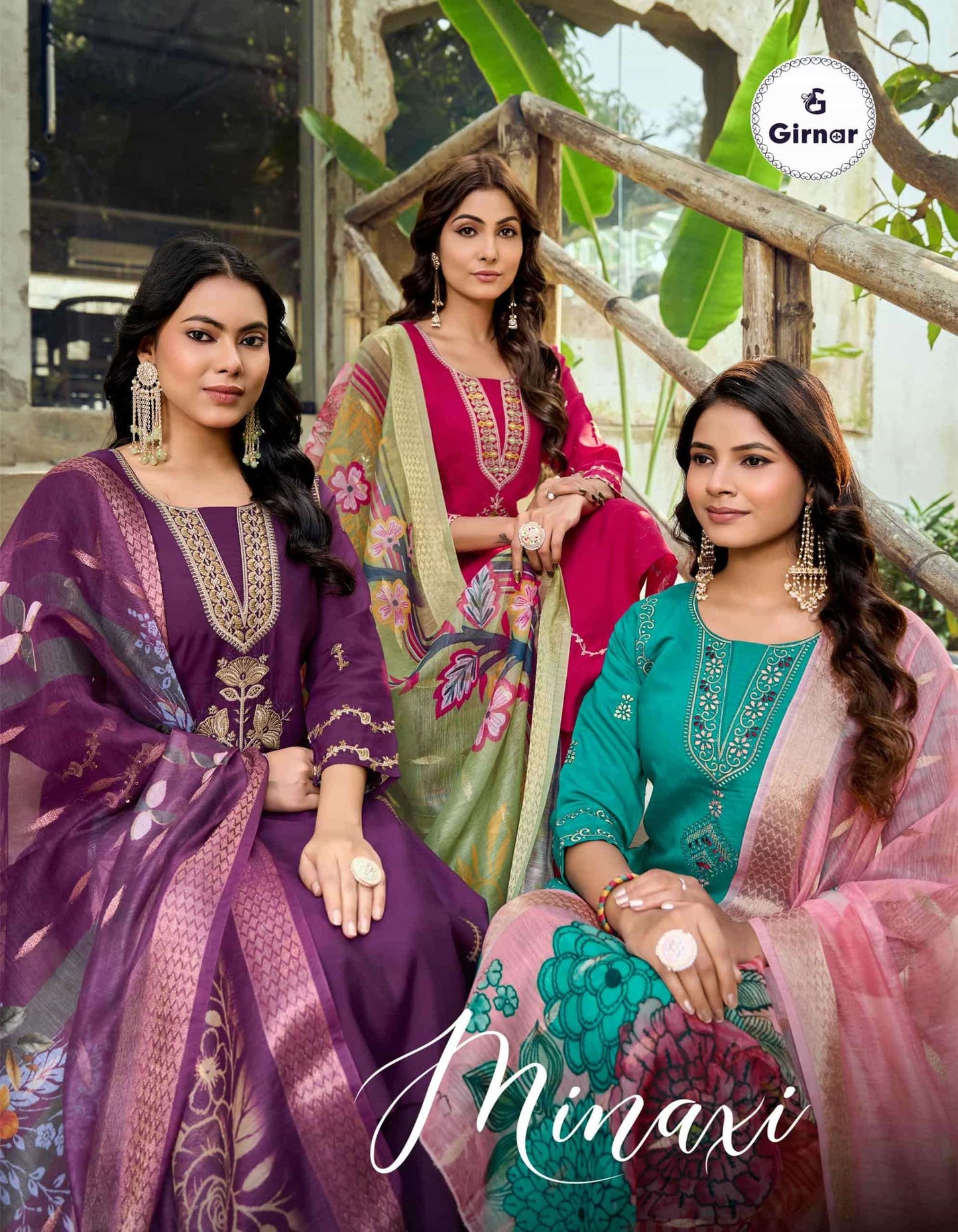 Girnar Minaxi Vol 1 Roman Embroidered Kurti Pant Dupatta Set