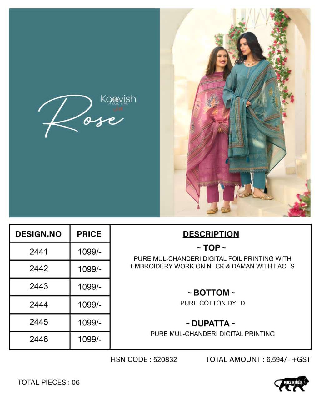 Kaavish Fashion Rose Pure Mul Chanderi Dress Material Wholesale - Amrah Wholesale