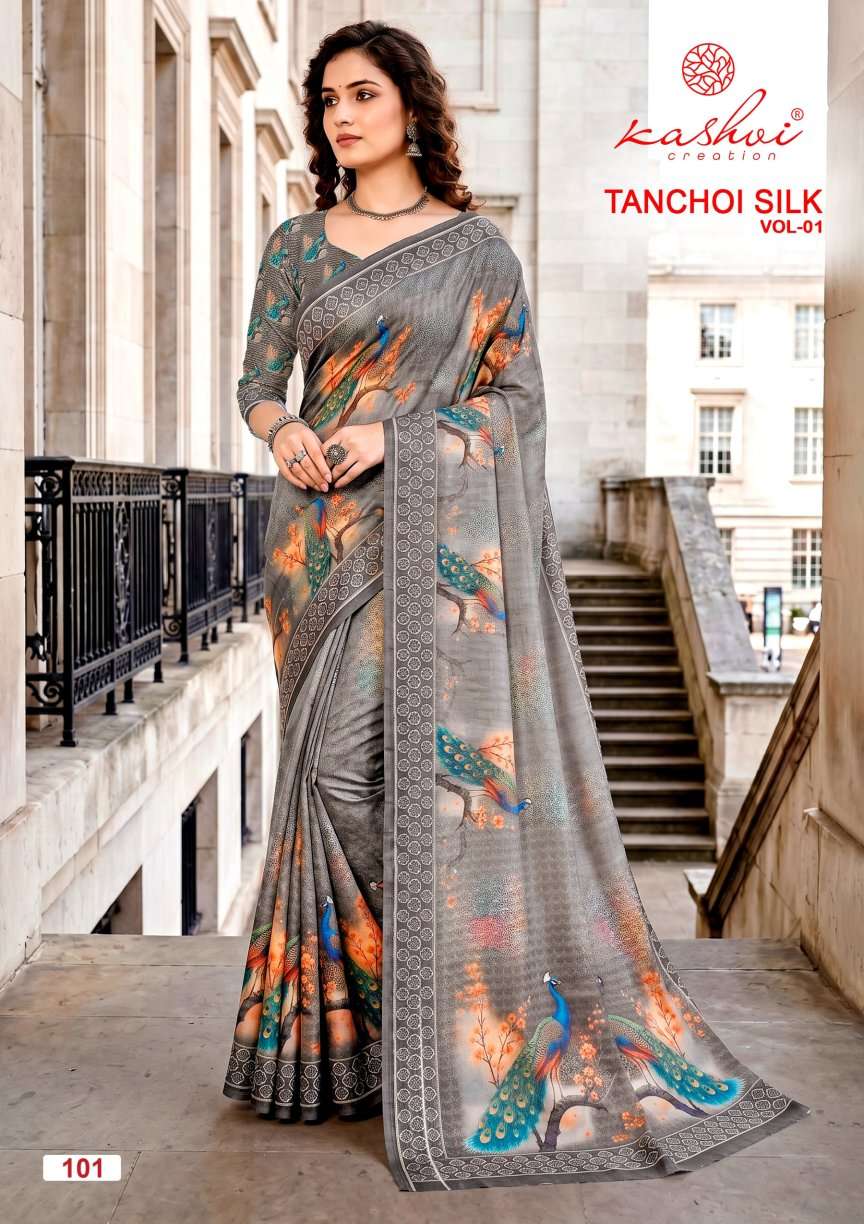 Kashvi Creation Tanchoi Silk Vol 1 Dull Moss Chiffon Saree Wholesale - Amrah Wholesale