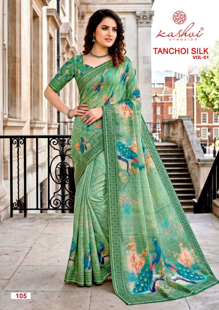 Kashvi Creation Tanchoi Silk Vol 1 Dull Moss Chiffon Saree Wholesale - Amrah Wholesale
