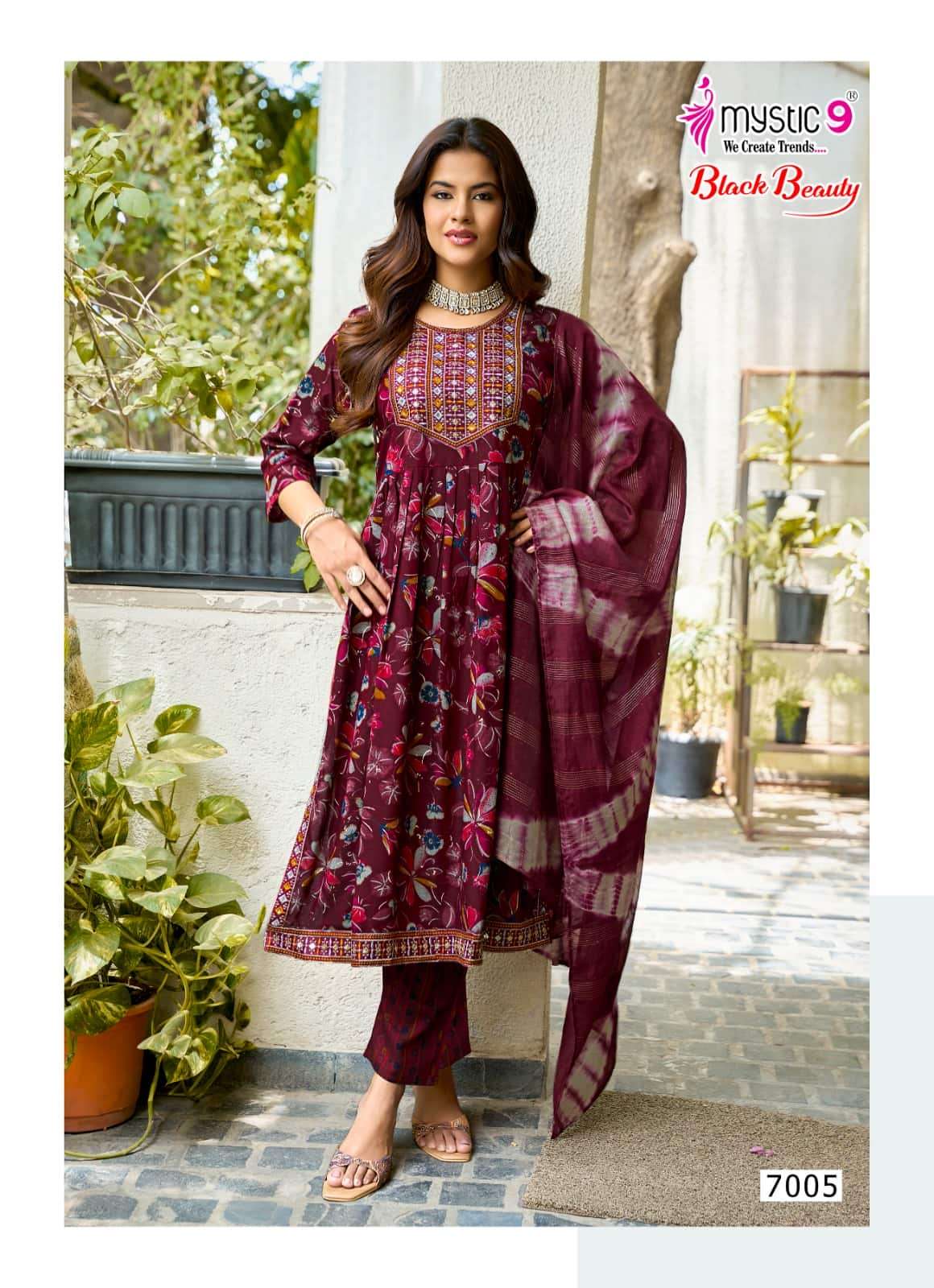 Mystic 9 Black Beauty Vol 7 Rayon Embroidered Kurti Pant Dupatta Set
