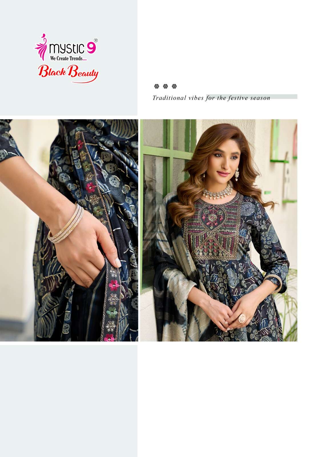 Mystic 9 Black Beauty Vol 7 Rayon Embroidered Kurti Pant Dupatta Set