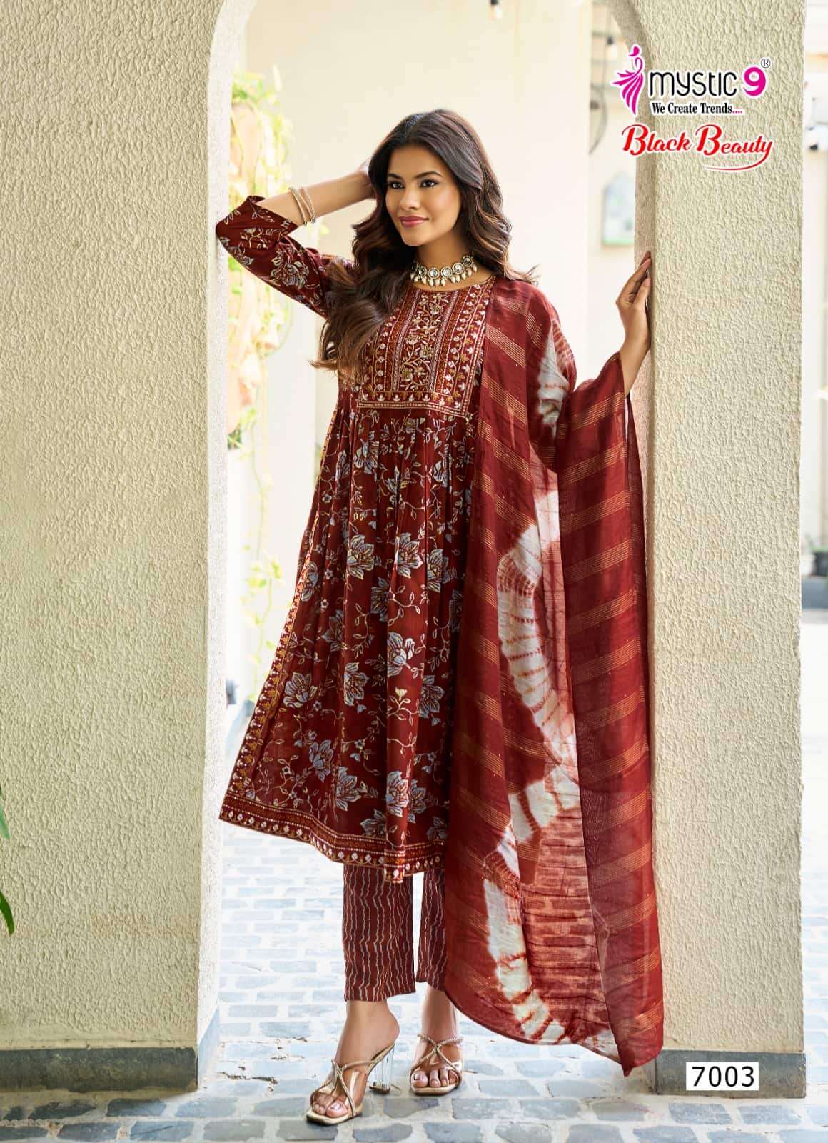 Mystic 9 Black Beauty Vol 7 Rayon Embroidered Kurti Pant Dupatta Set