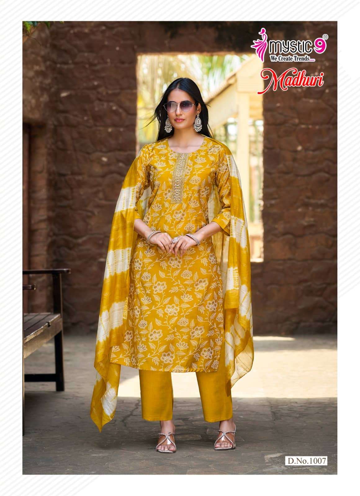 Mystic 9 Madhuri Vol 1 Vertican Foil Print Embroidered Kurti Pant Dupatta Set