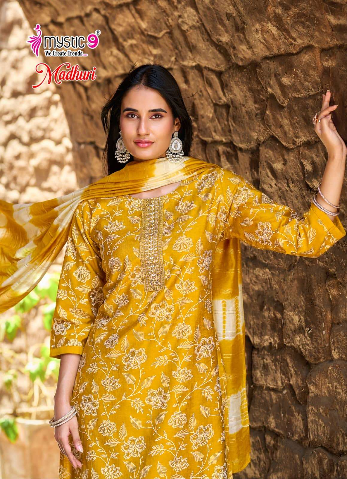 Mystic 9 Madhuri Vol 1 Vertican Foil Print Embroidered Kurti Pant Dupatta Set