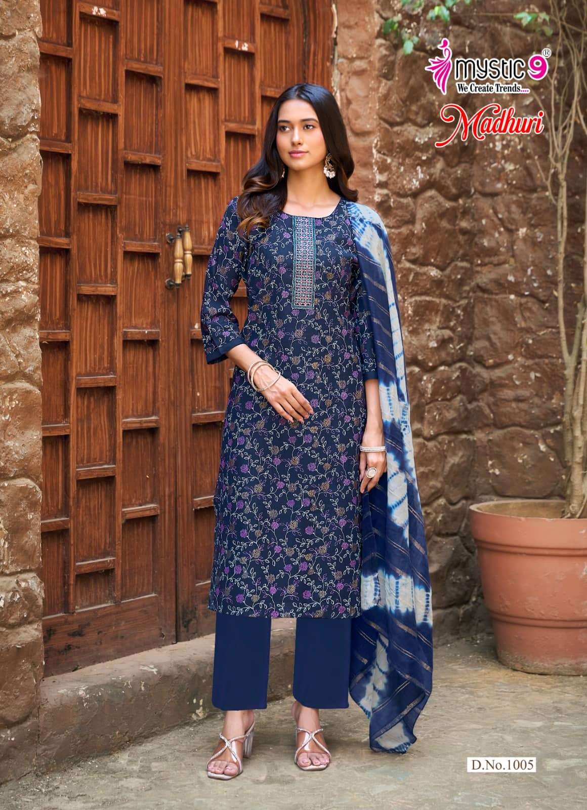 Mystic 9 Madhuri Vol 1 Vertican Foil Print Embroidered Kurti Pant Dupatta Set