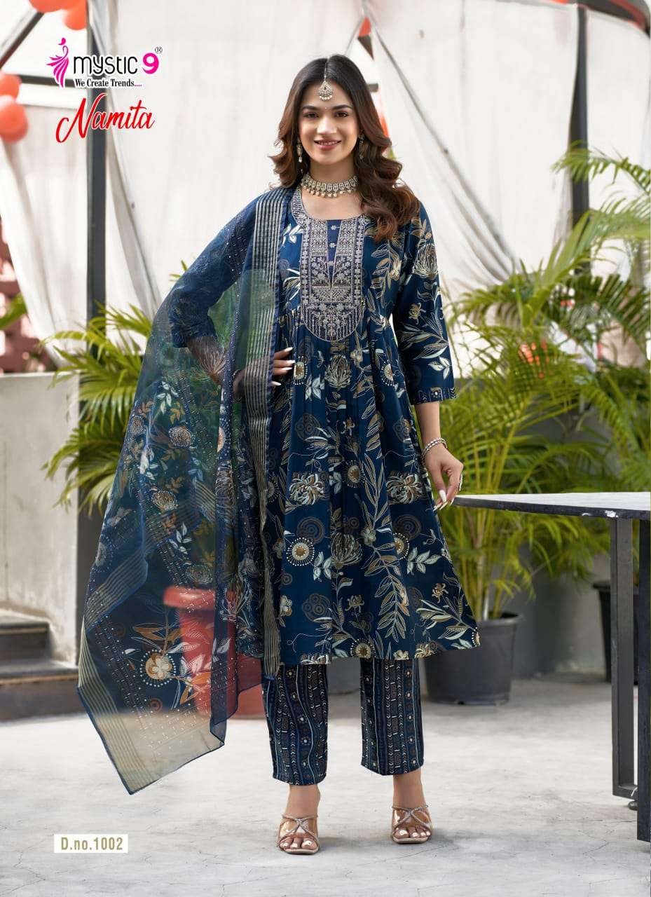 Mystic 9 Namita Vol 1 Muslin Foil Print Kurti Pant Dupatta Set