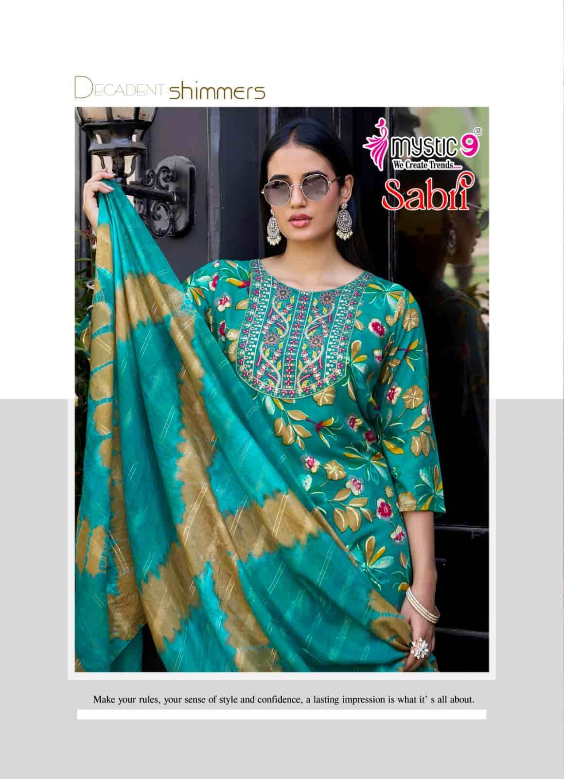 Mystic 9 Sabri Vol 15 Rayon Foil Print Kurti Pant Dupatta Set