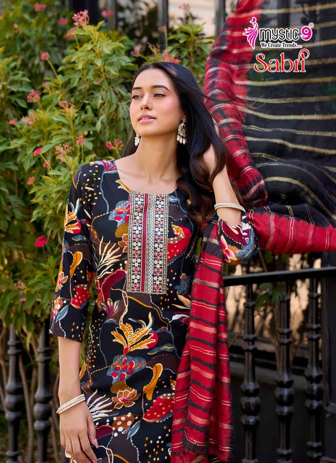 Mystic 9 Sabri Vol 15 Rayon Foil Print Kurti Pant Dupatta Set