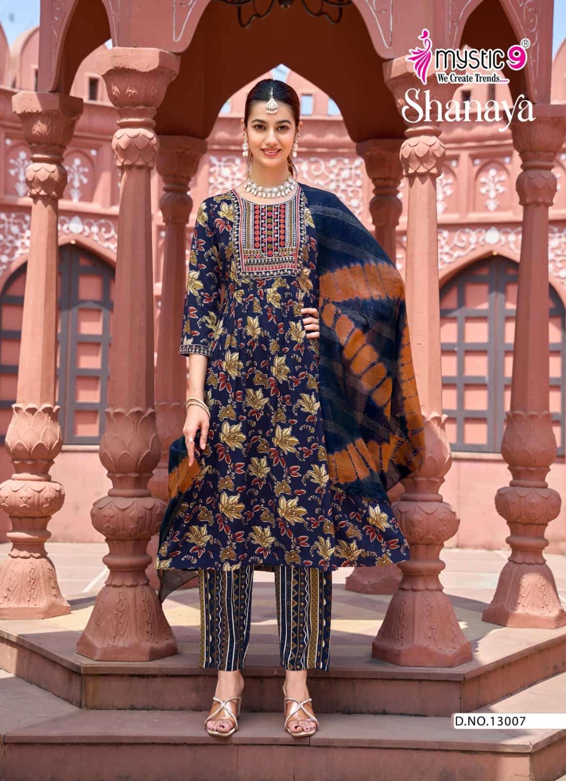 Mystic 9 Shanaya Vol 13 Rayon Embroidered Kurti Pant Dupatta Set - Amrah Wholesale
