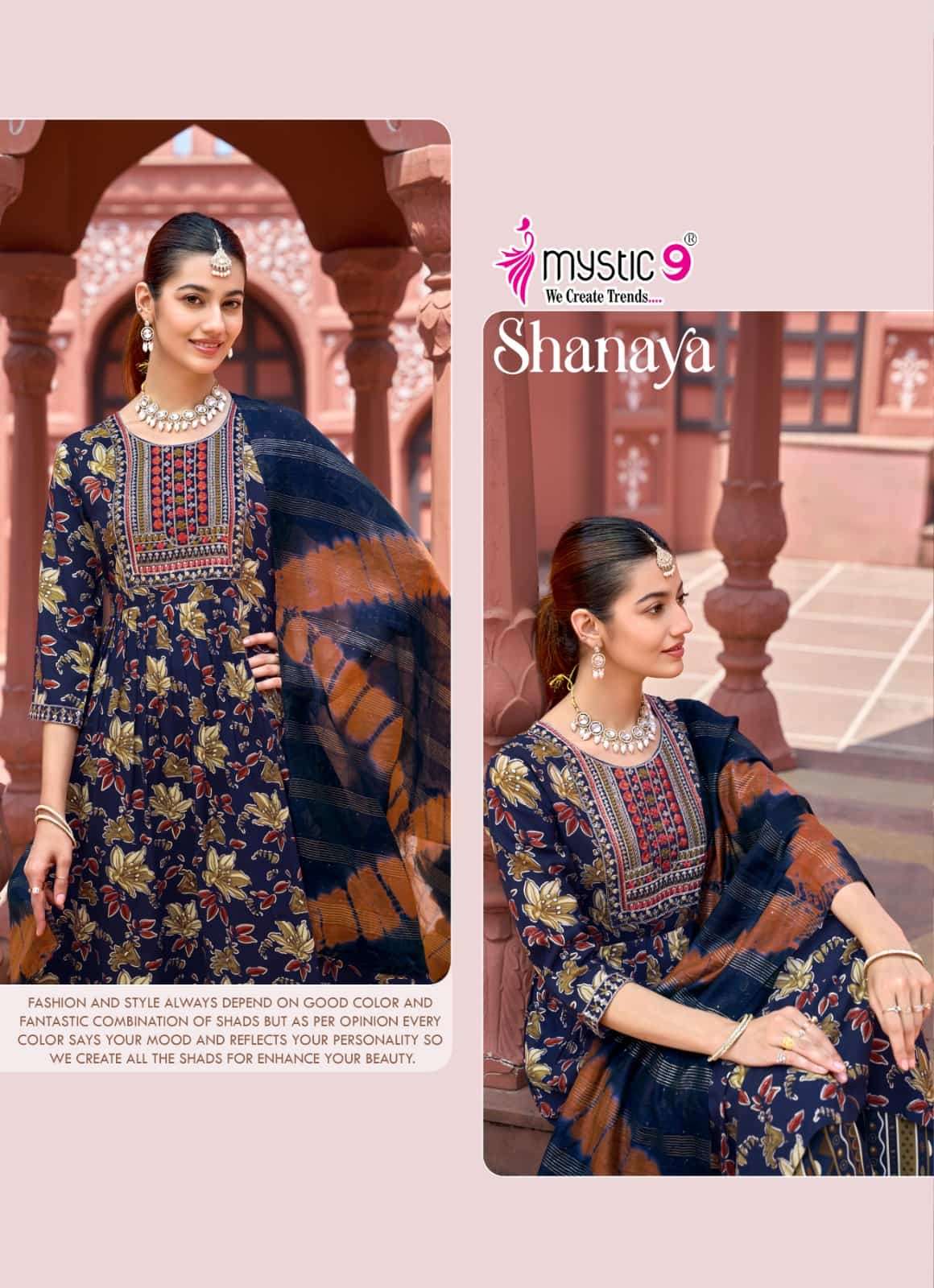 Mystic 9 Shanaya Vol 13 Rayon Embroidered Kurti Pant Dupatta Set - Amrah Wholesale