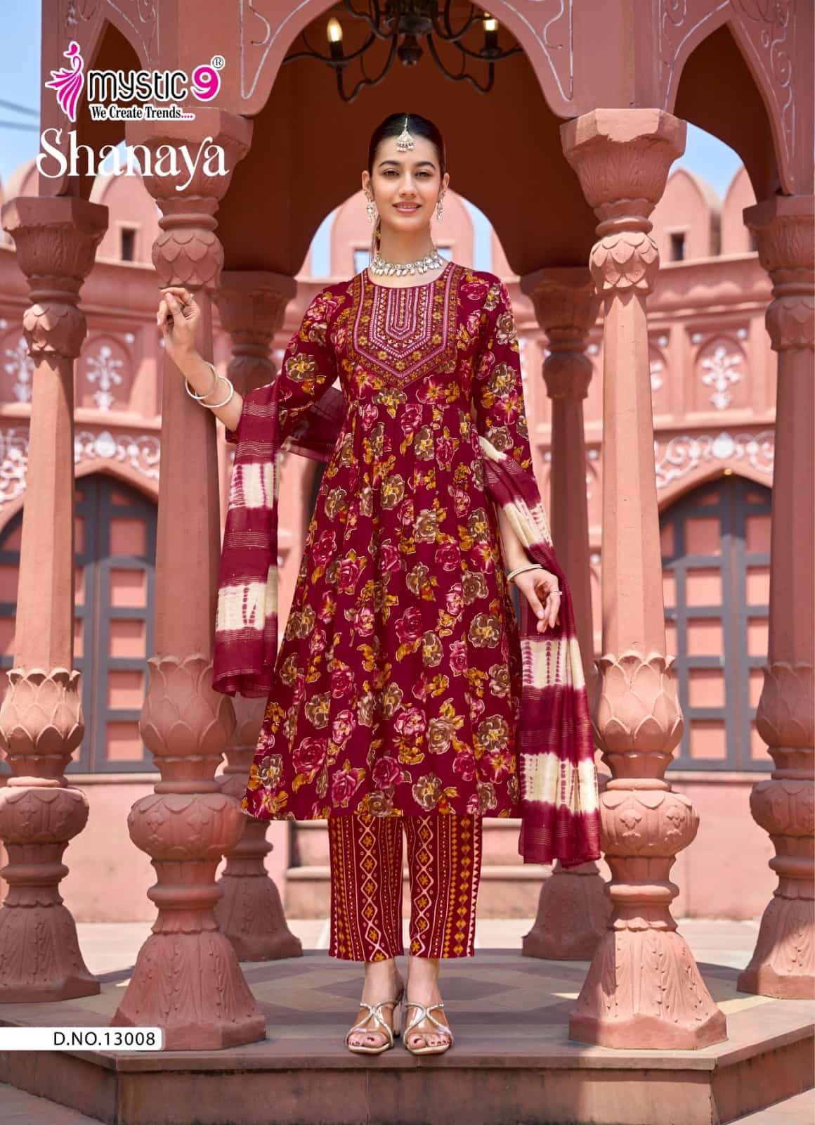 Mystic 9 Shanaya Vol 13 Rayon Embroidered Kurti Pant Dupatta Set - Amrah Wholesale