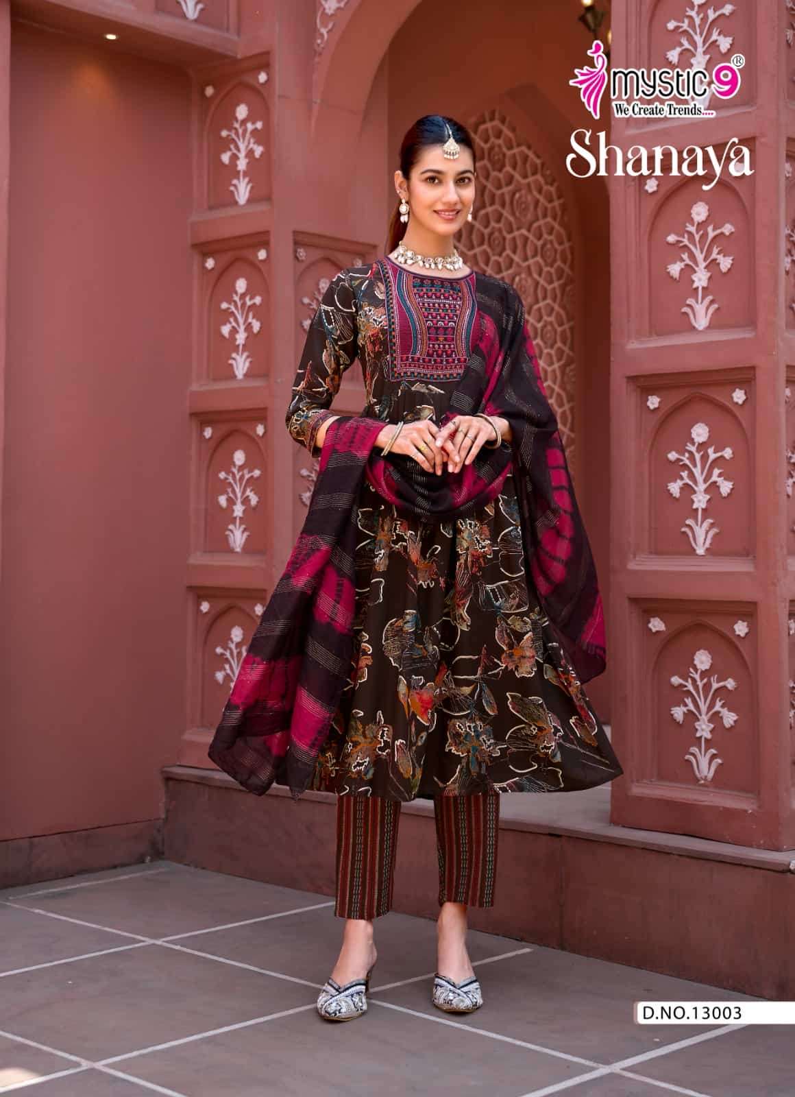 Mystic 9 Shanaya Vol 13 Rayon Embroidered Kurti Pant Dupatta Set - Amrah Wholesale