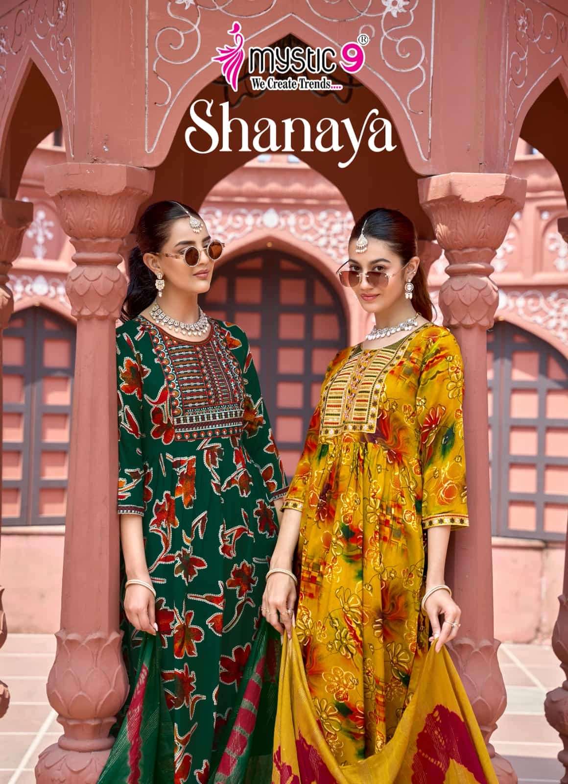 Mystic 9 Shanaya Vol 13 Rayon Embroidered Kurti Pant Dupatta Set - Amrah Wholesale