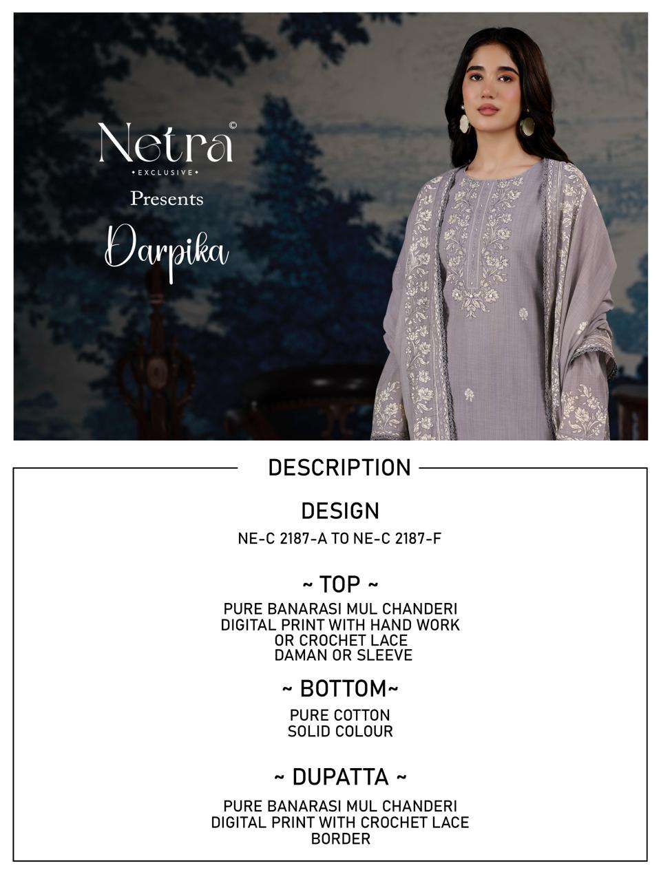 Netra Darpika Banarasi Mul Chanderi Dress Material - Amrah Wholesale